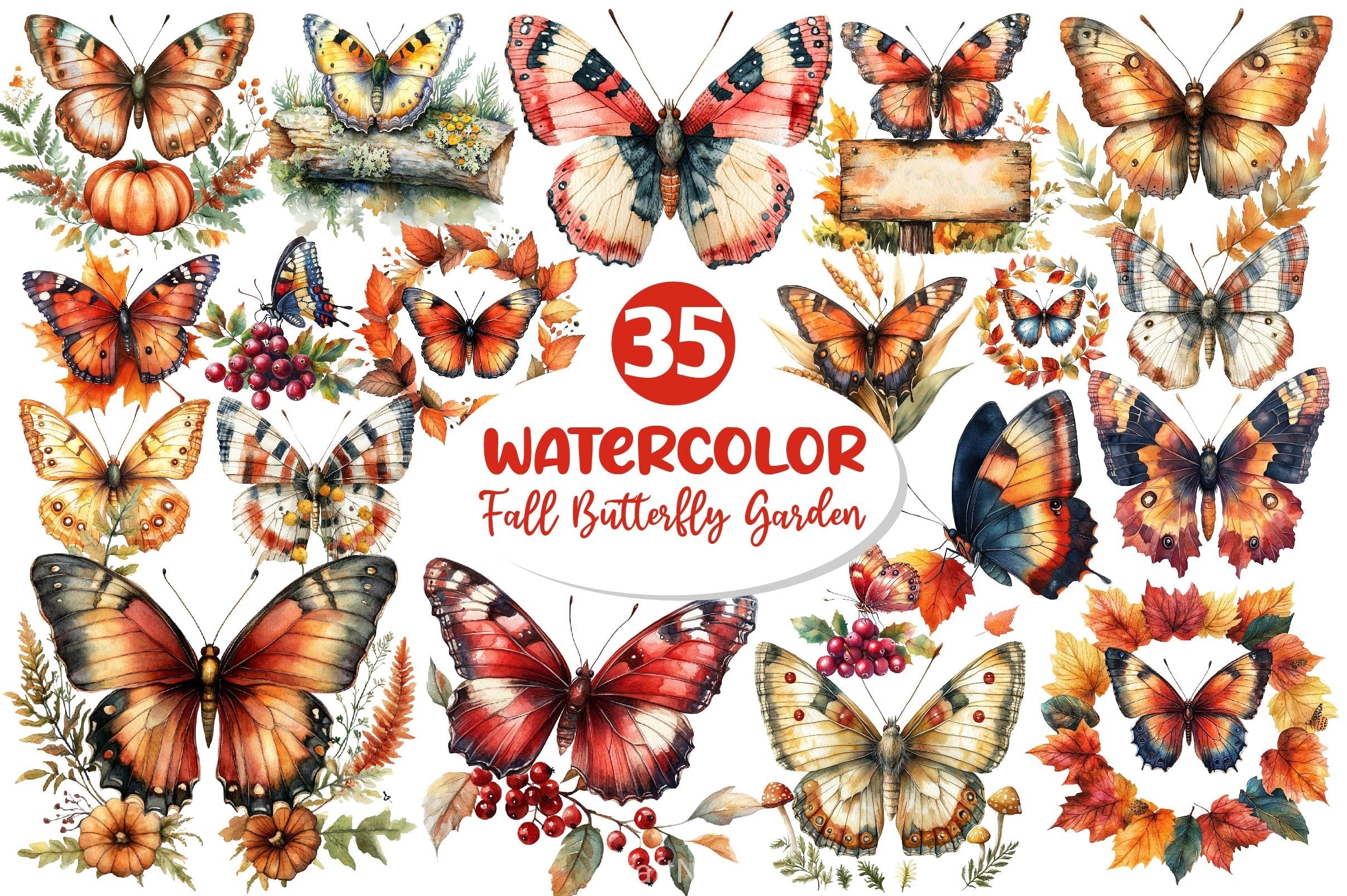 Fall Butterfly Garden Clipart Bundle 2