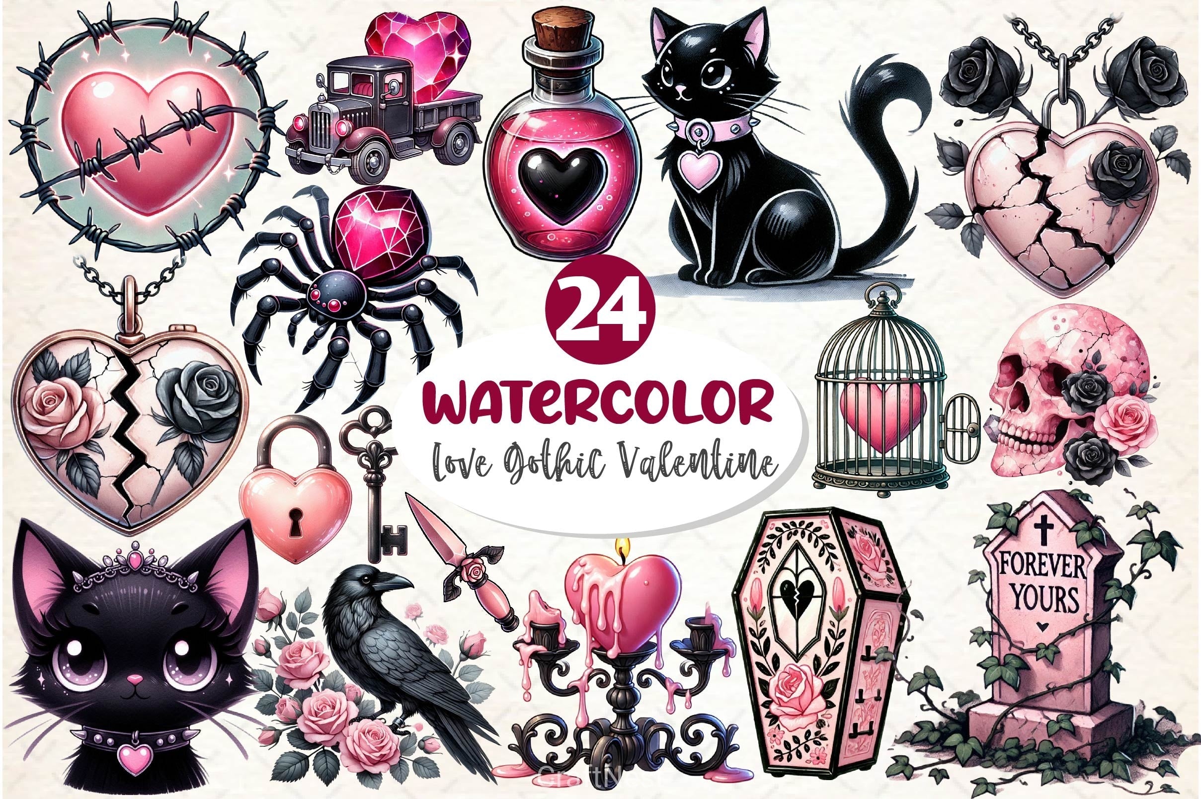 Love Gothic Valentine Clipart Bundle