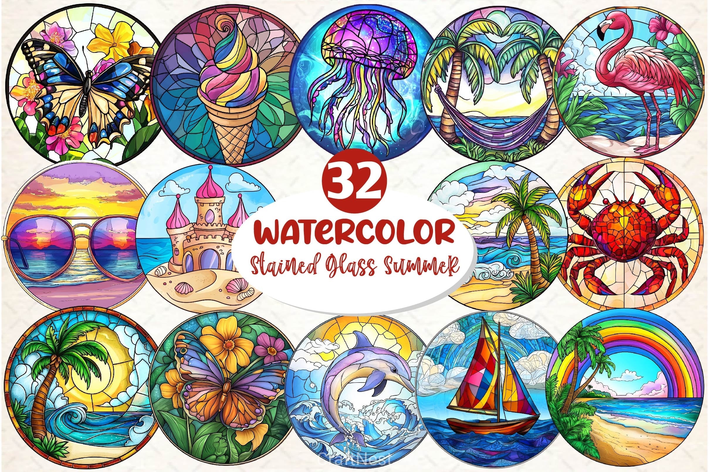 Round Stained Glass Summer Clipart Bundle 4