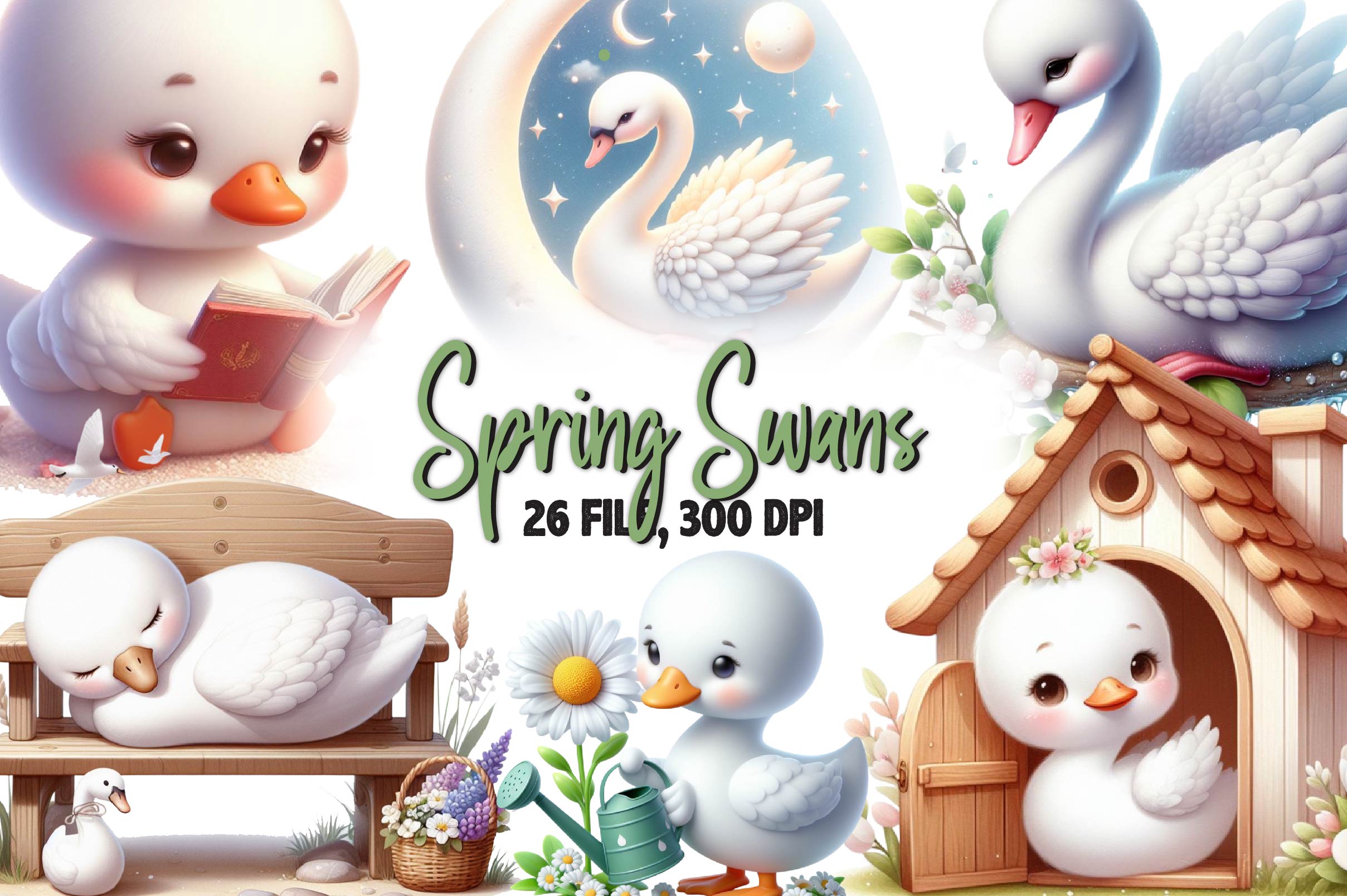 Cute Spring Swans Clipart Bundle