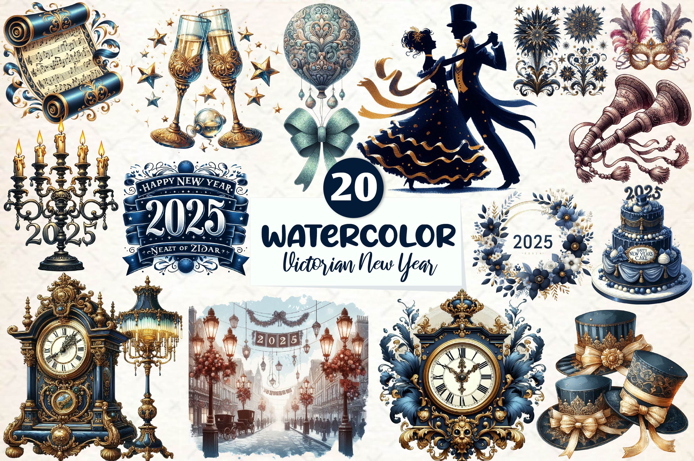 Victorian New Year 2025 Clipart Bundle
