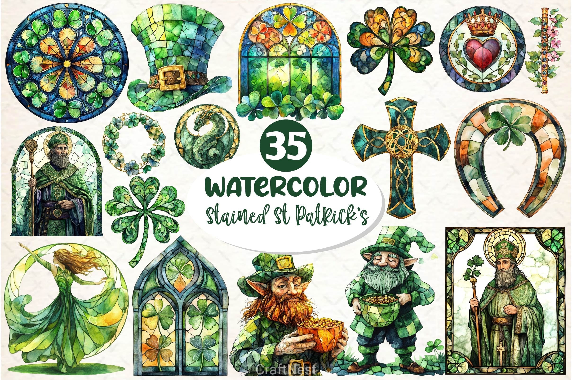 Stained Glass St Patricks Clipart Bundle