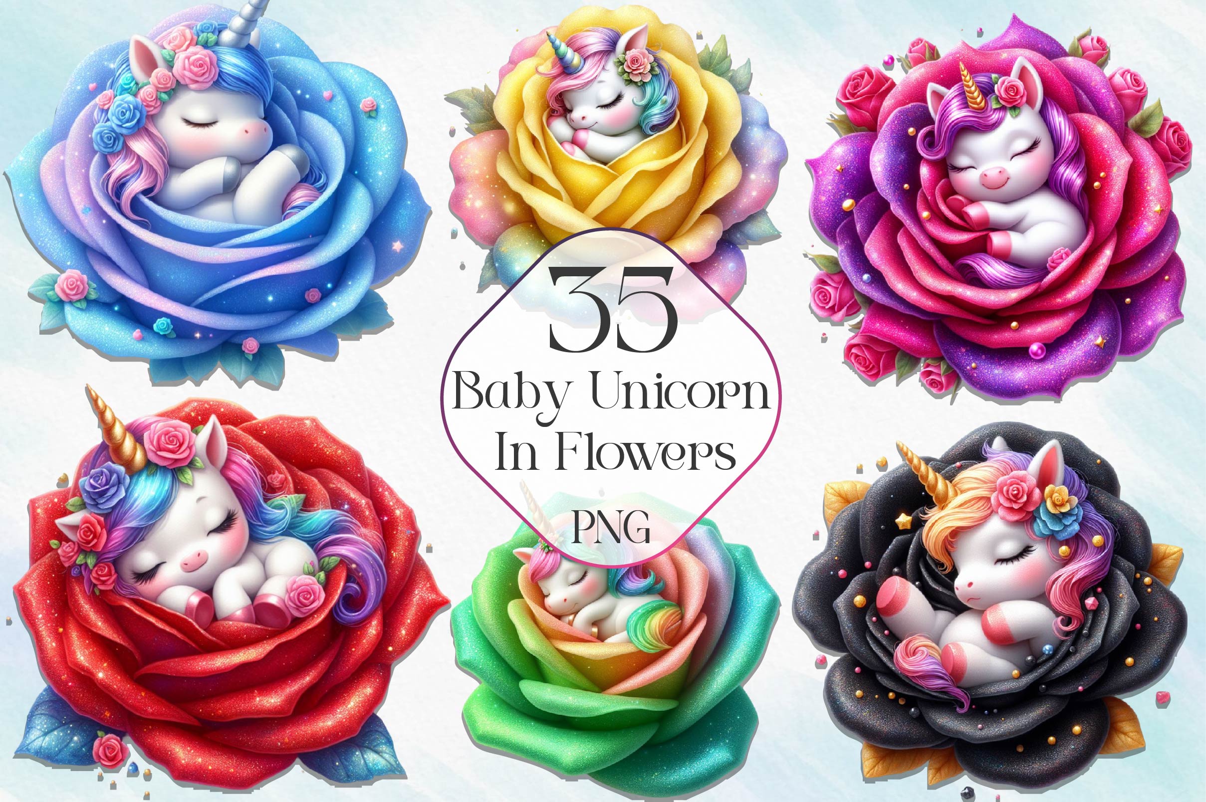 Baby Unicorn In Flowers Clipart Bundle