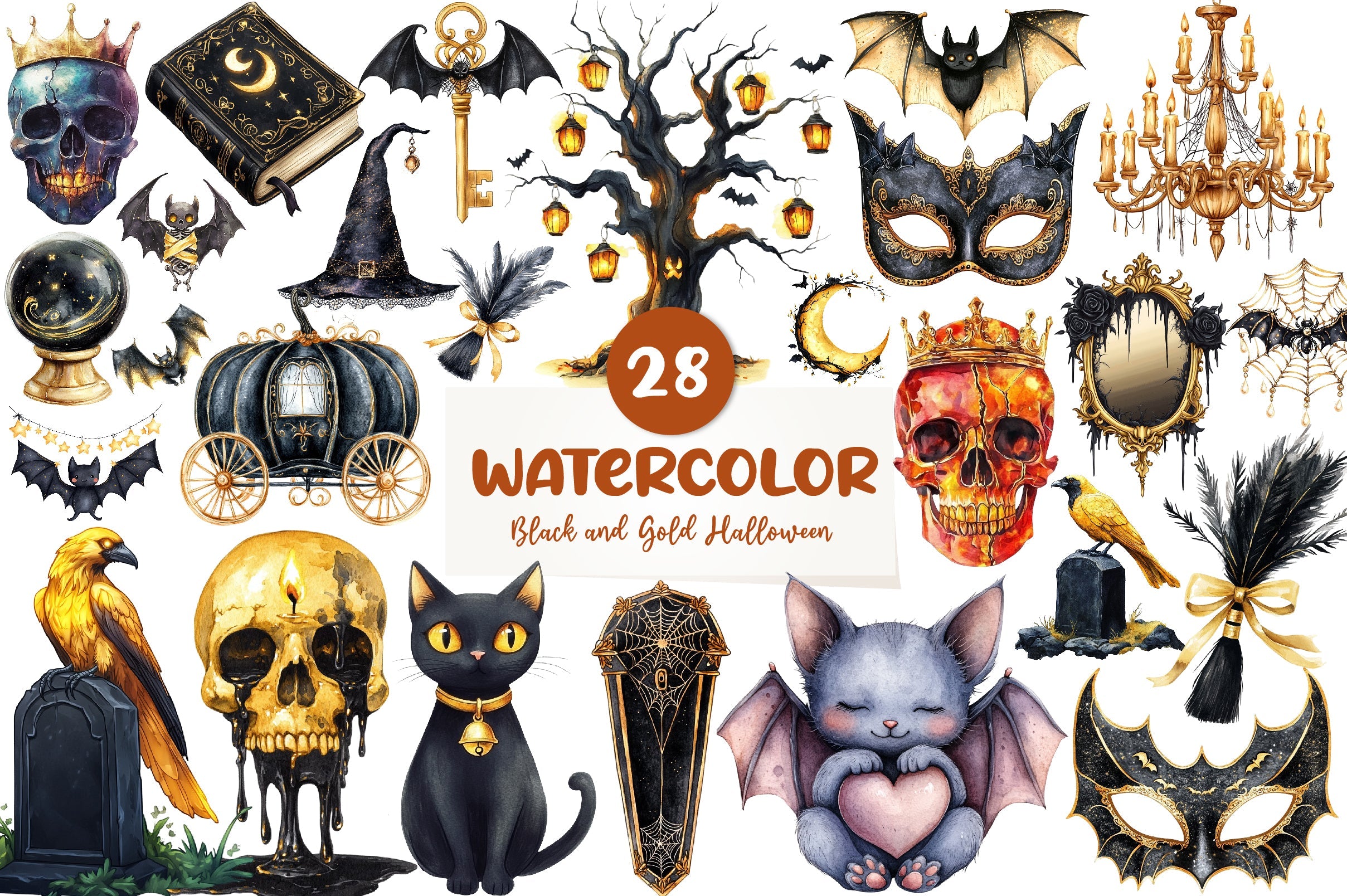 Creepy Black And Gold Halloween Clipart Bundle