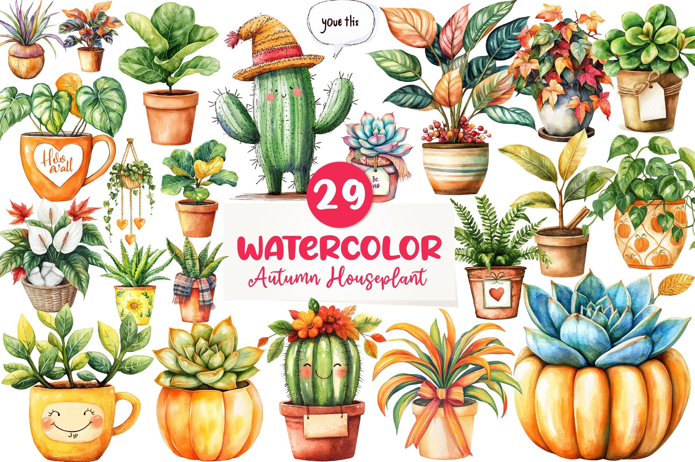 Positive Autumn Houseplant Clipart Bundle