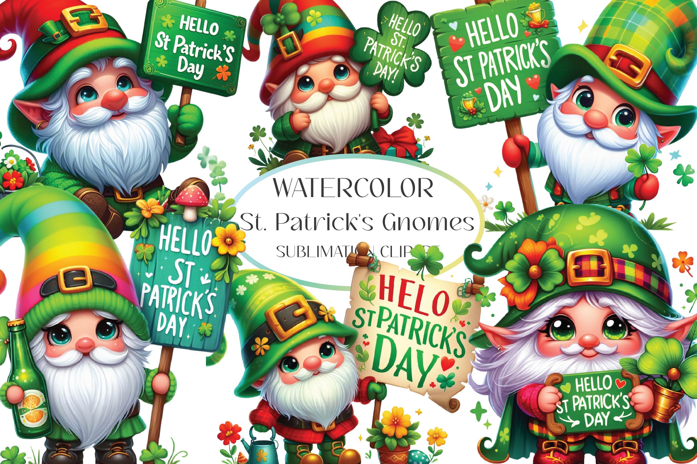 Hello St Patrick's Day Gnomes Clipart Bundle