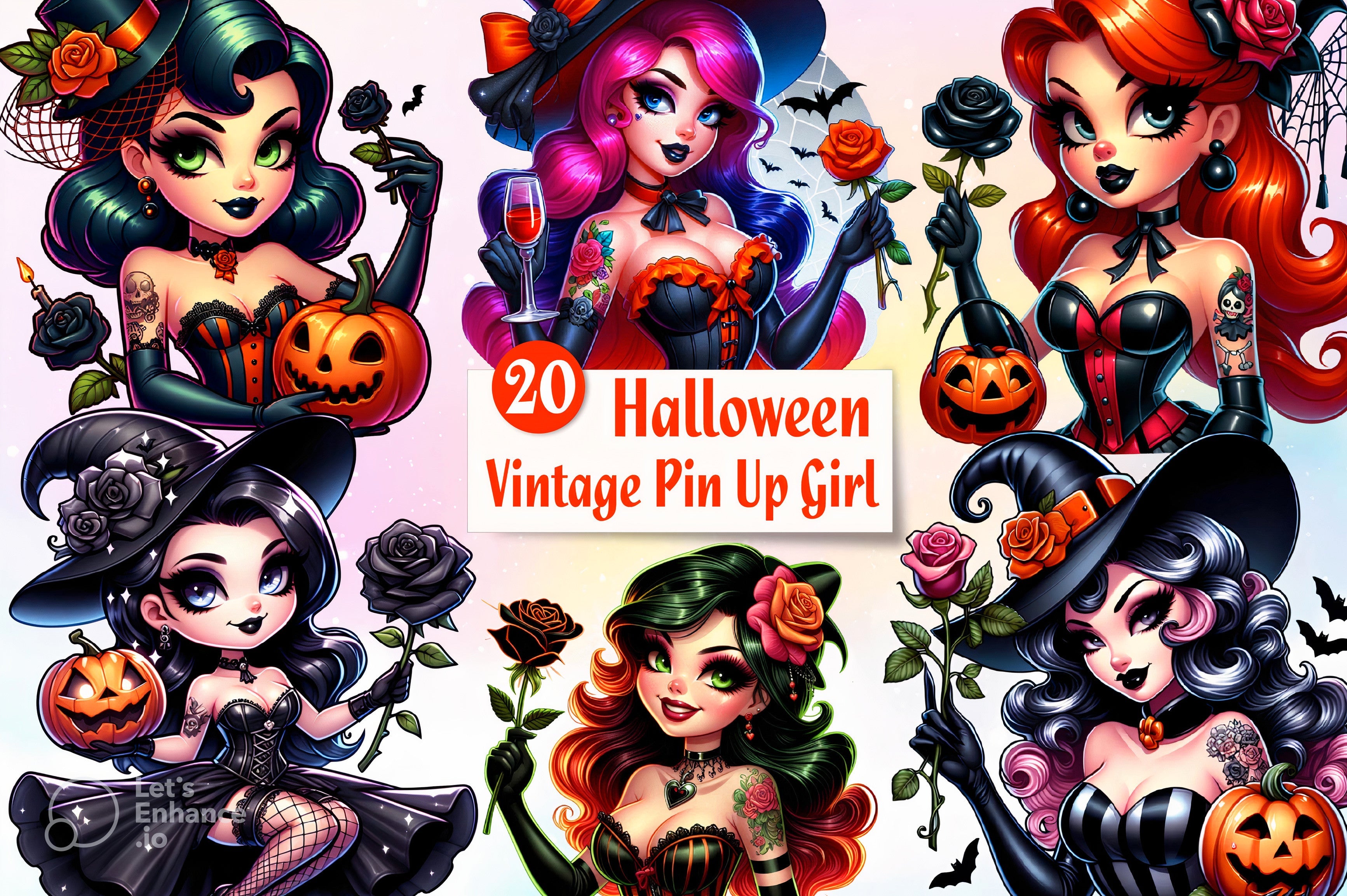 Vintage Pin Up Halloween Girl Clipart Bundle
