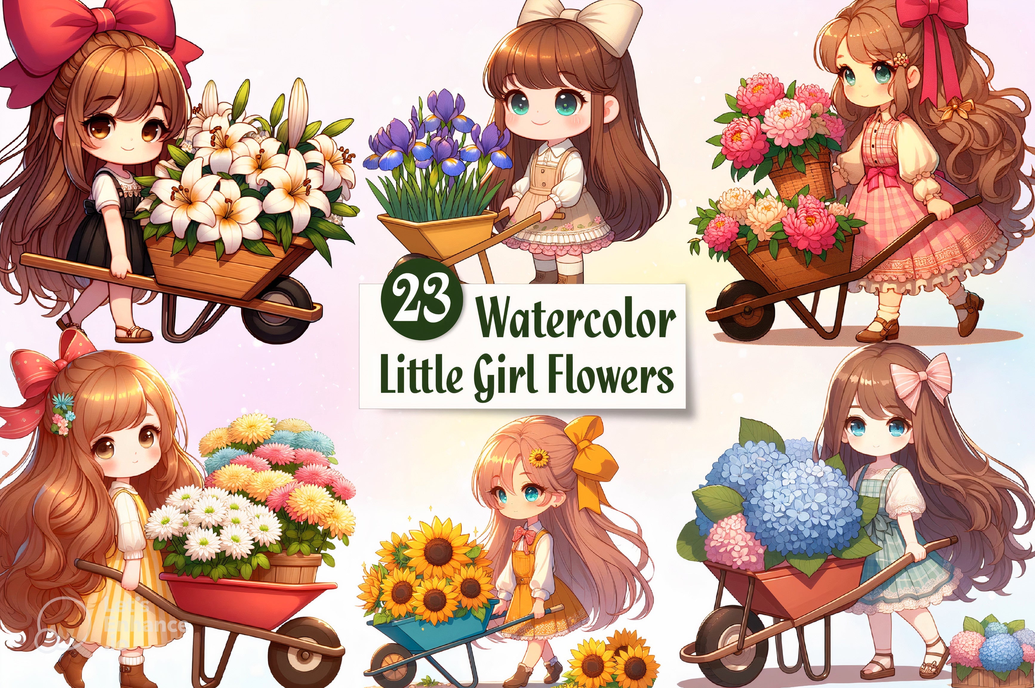 Little Cute Girl And Flowers Clipart Bundle