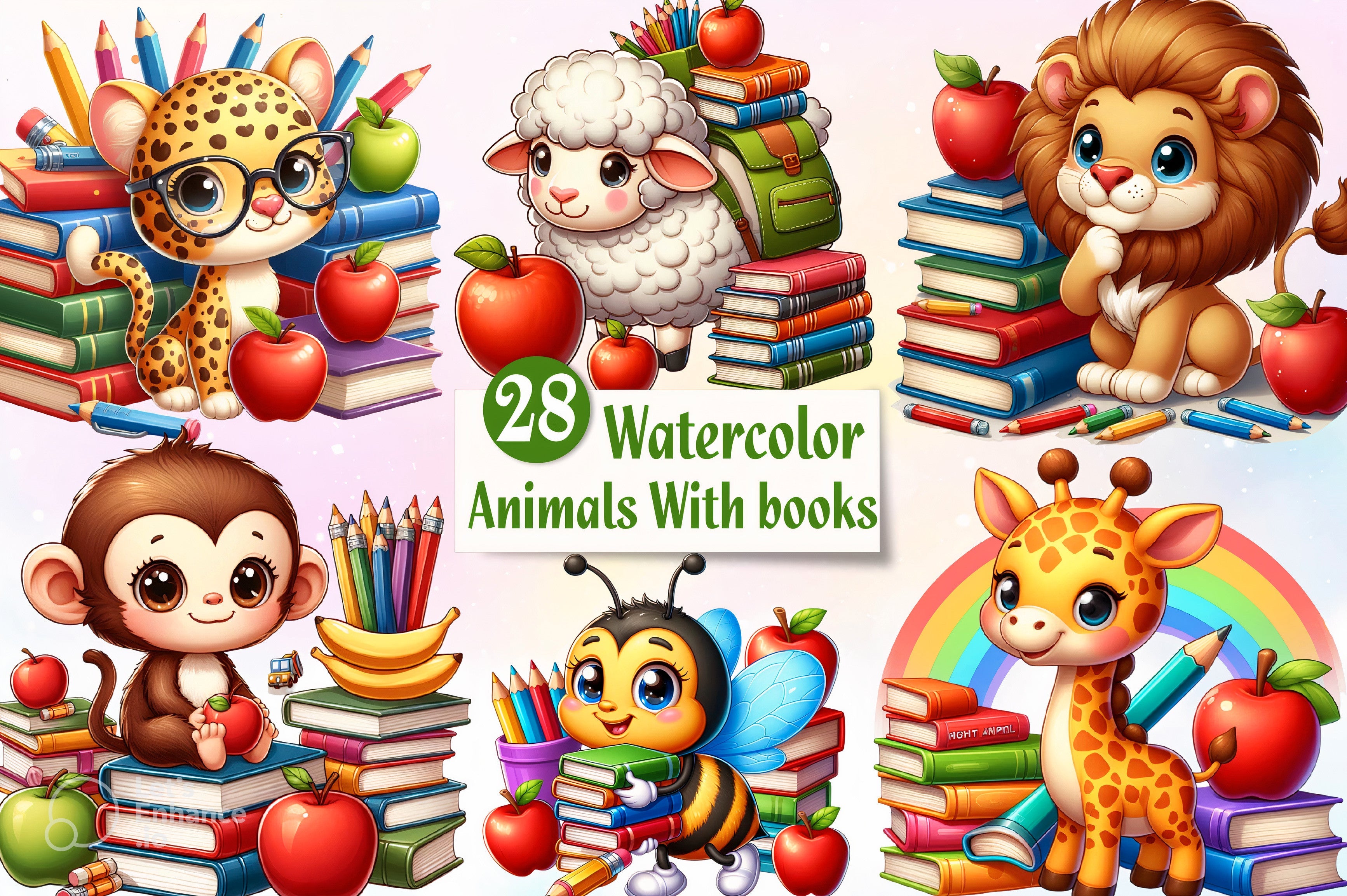 Cute Animals With Books Clipart Bundle