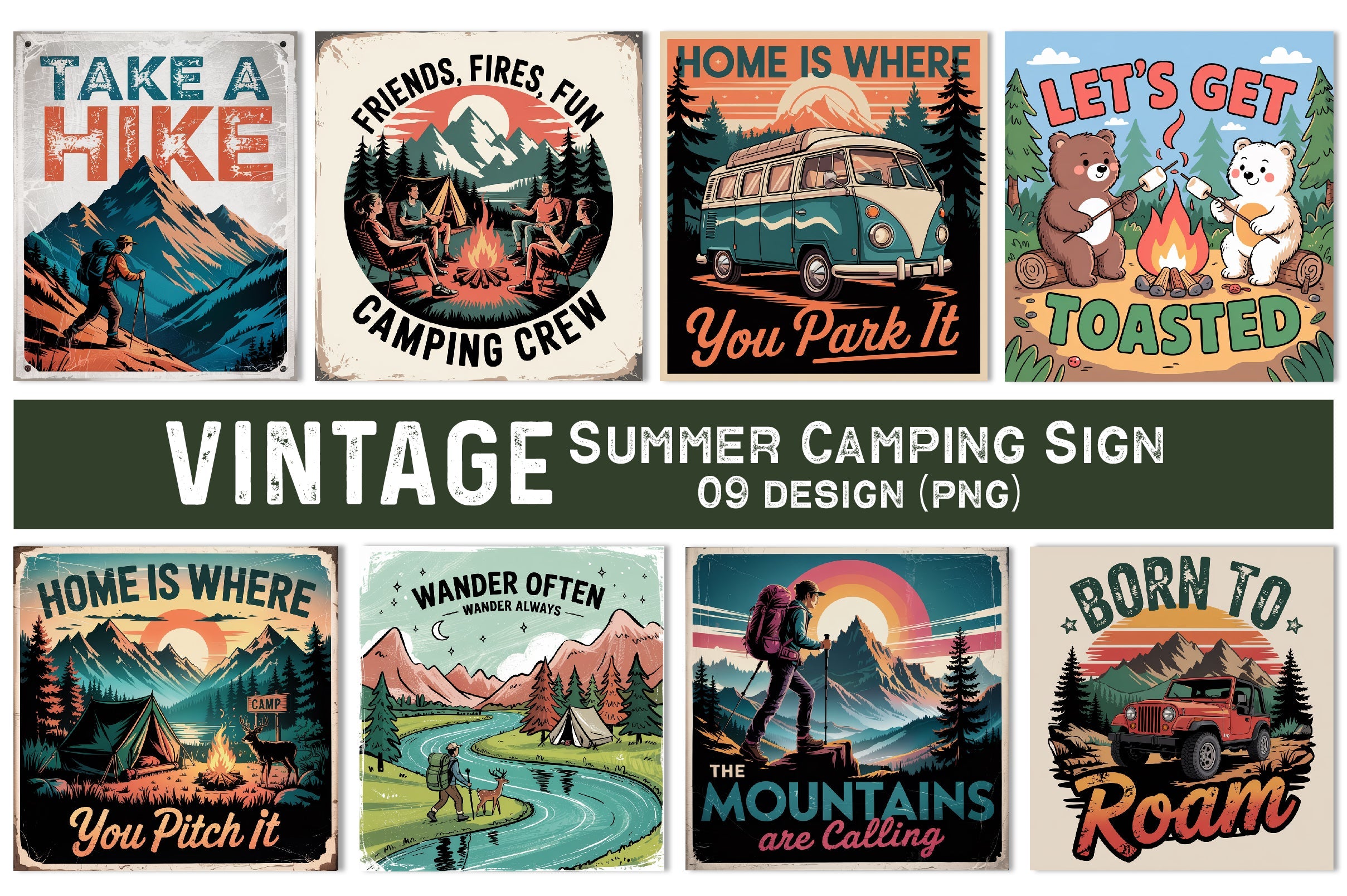 Vintage Summer Camping Sign Clipart Bundle