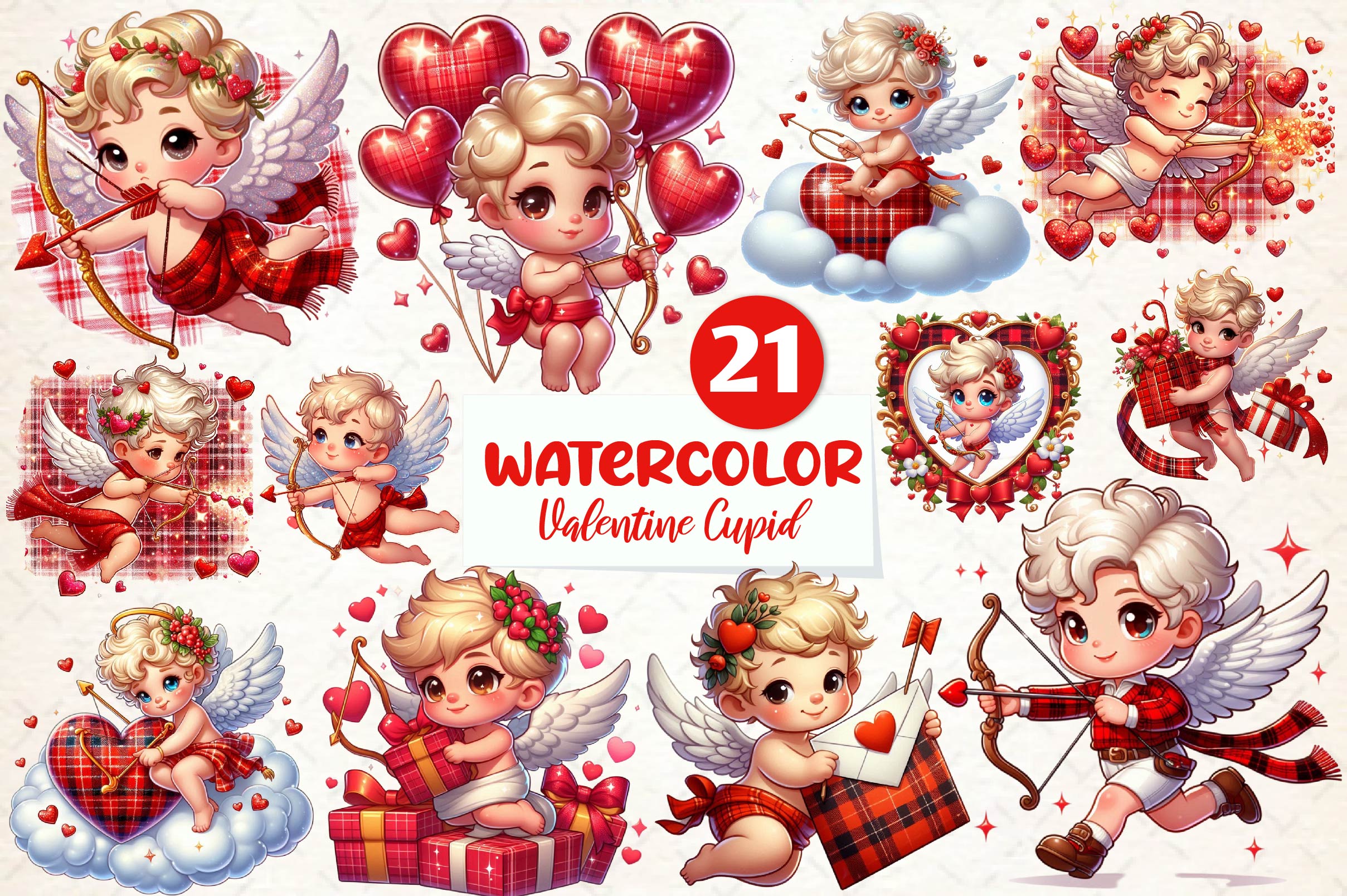 Red Valentine Cupid Clipart Bundle