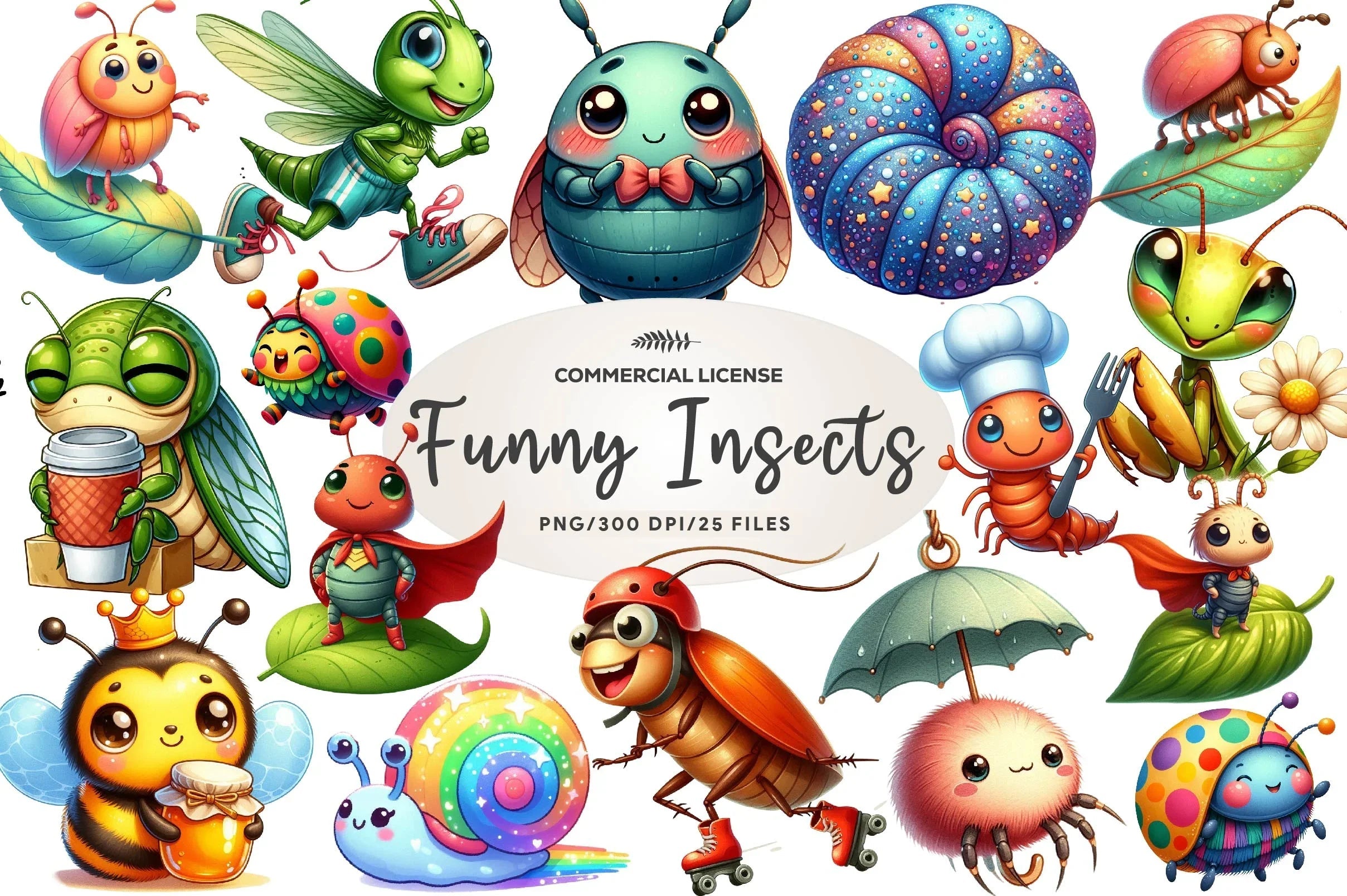 Funny Fast Insect Cute Funny Cartoon Insects Clipart Bundle