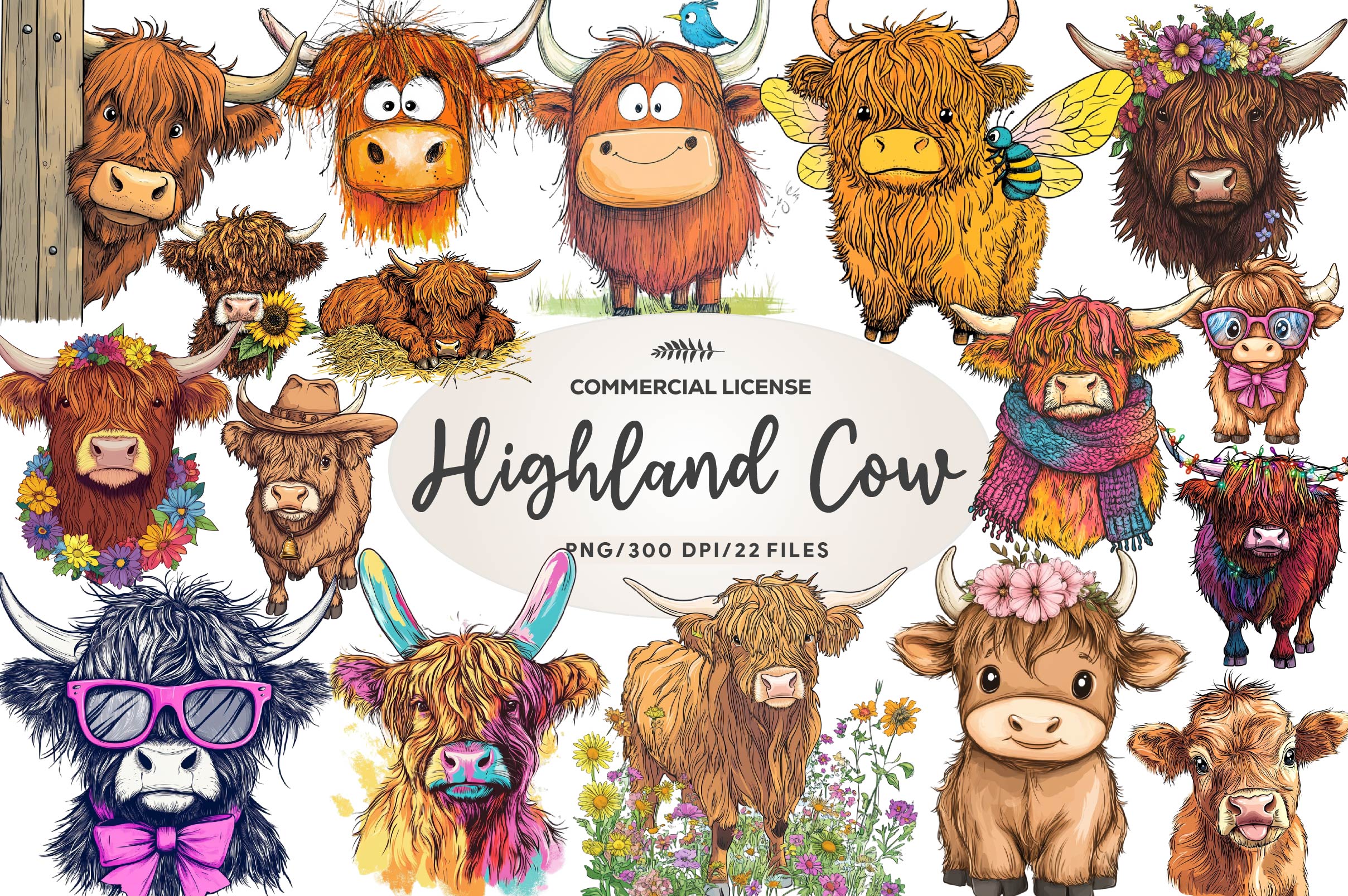 Cute Highland Cow Clipart Bundle
