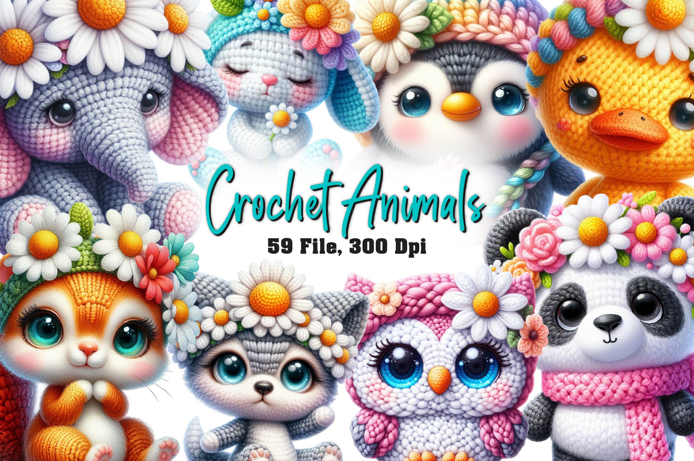 Crochet Animals And Flowers Clipart Bundle