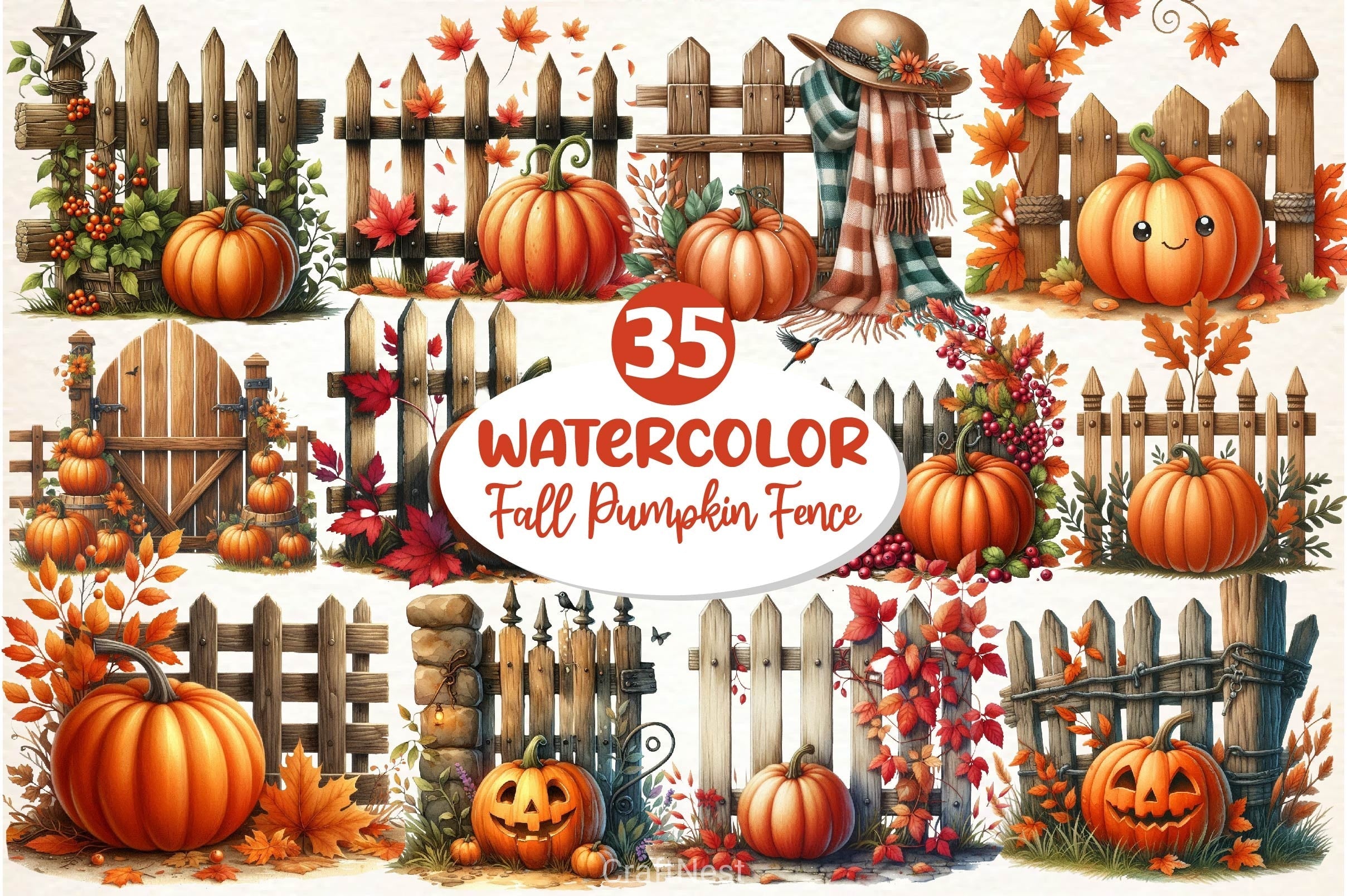 Fall Pumpkin Fence Clipart Bundle 3