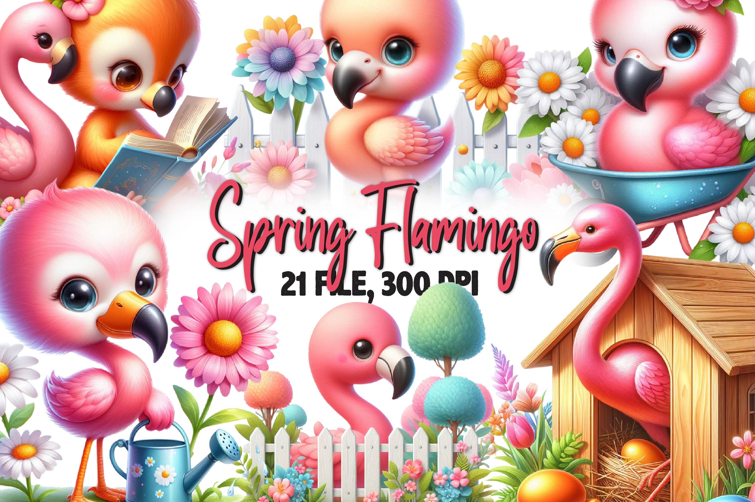Spring Flamingo Clipart Bundle