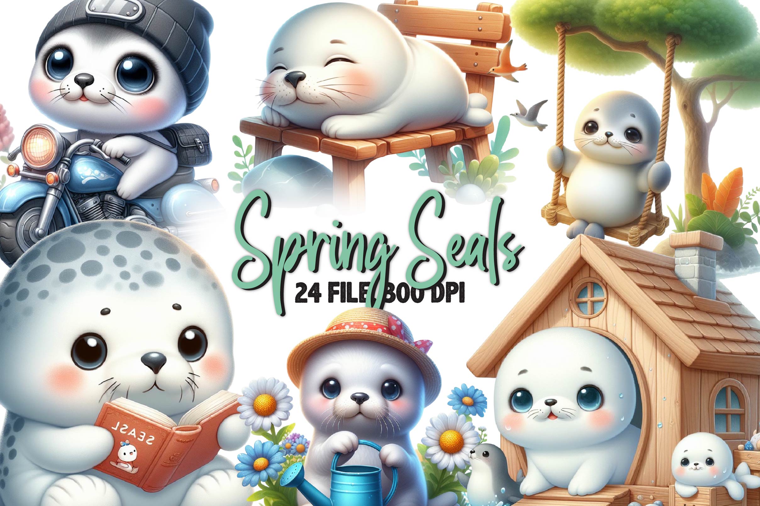 Cute Spring Seals Clipart Bundle