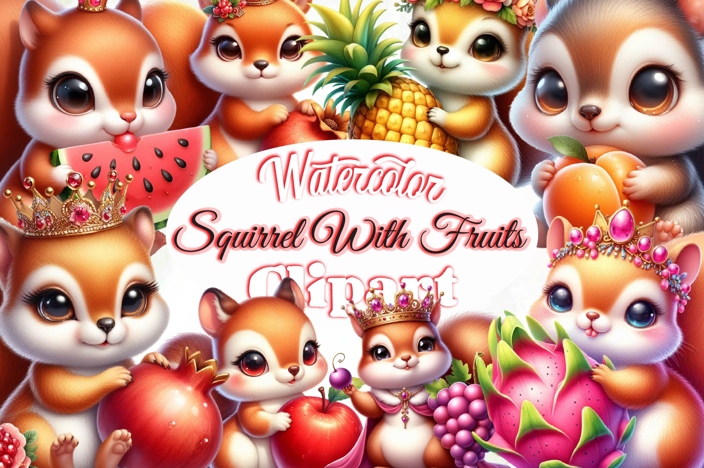 Cute Squirrel With Fruits Clipart Bundle