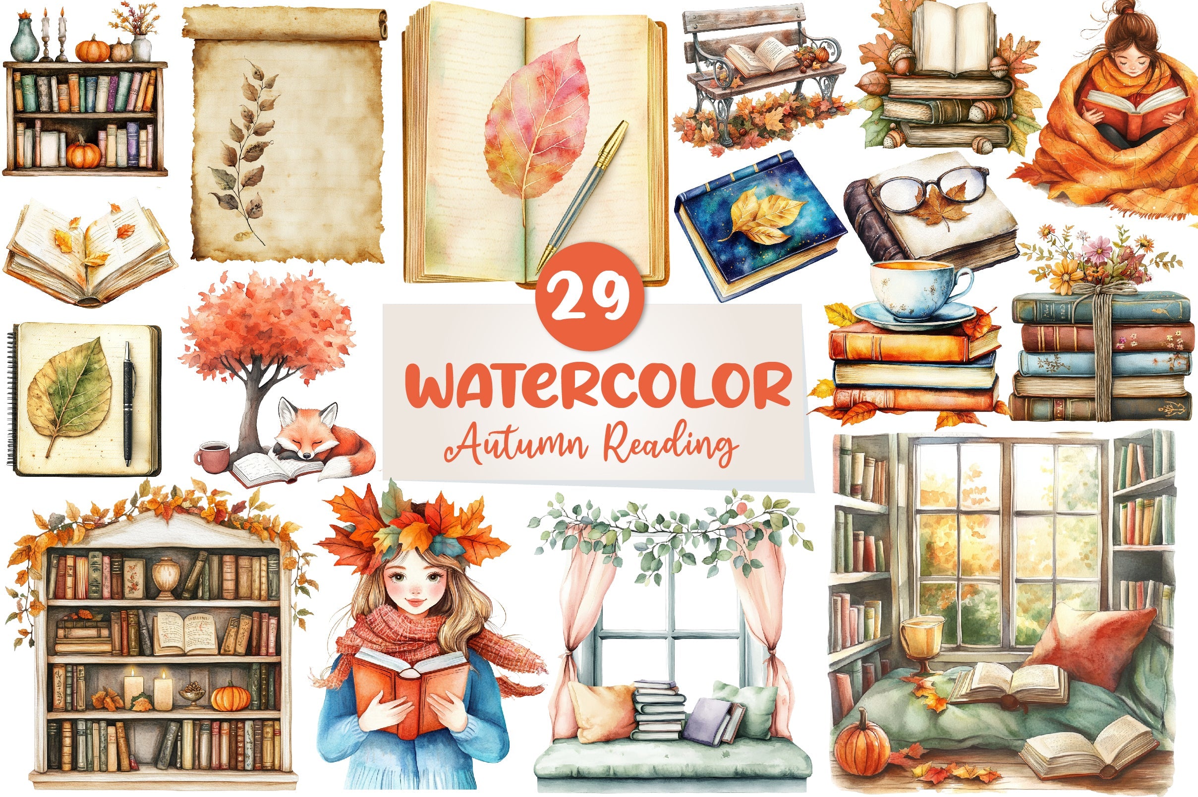Autumn Reading Clipart Bundle