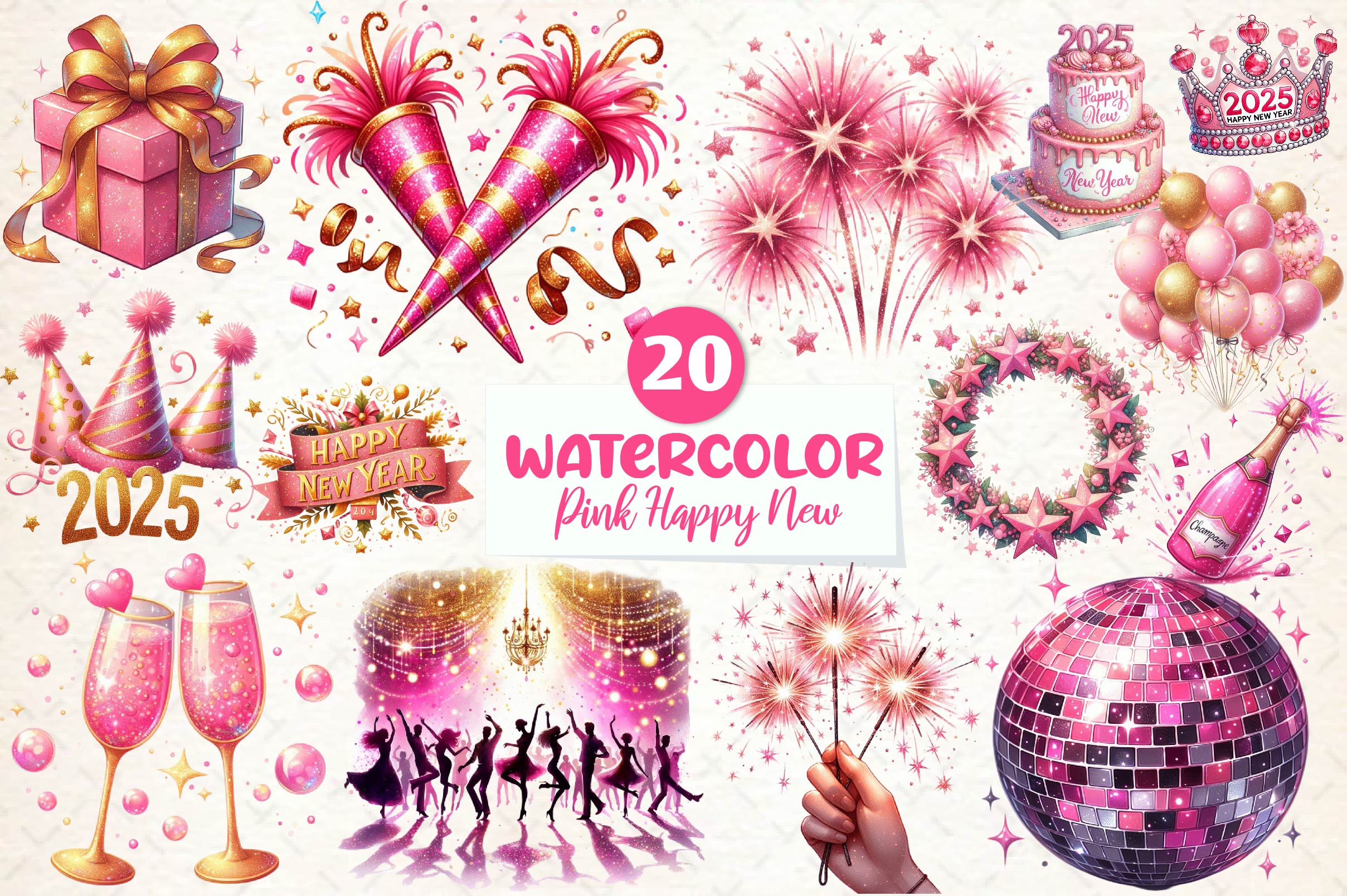 Glitter Pink Happy New Year 2025 Clipart Bundle