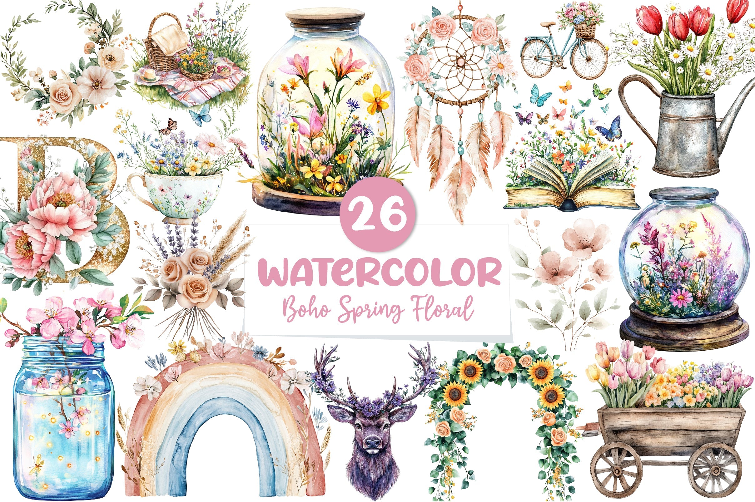 Boho Spring Floral Clipart Bundle