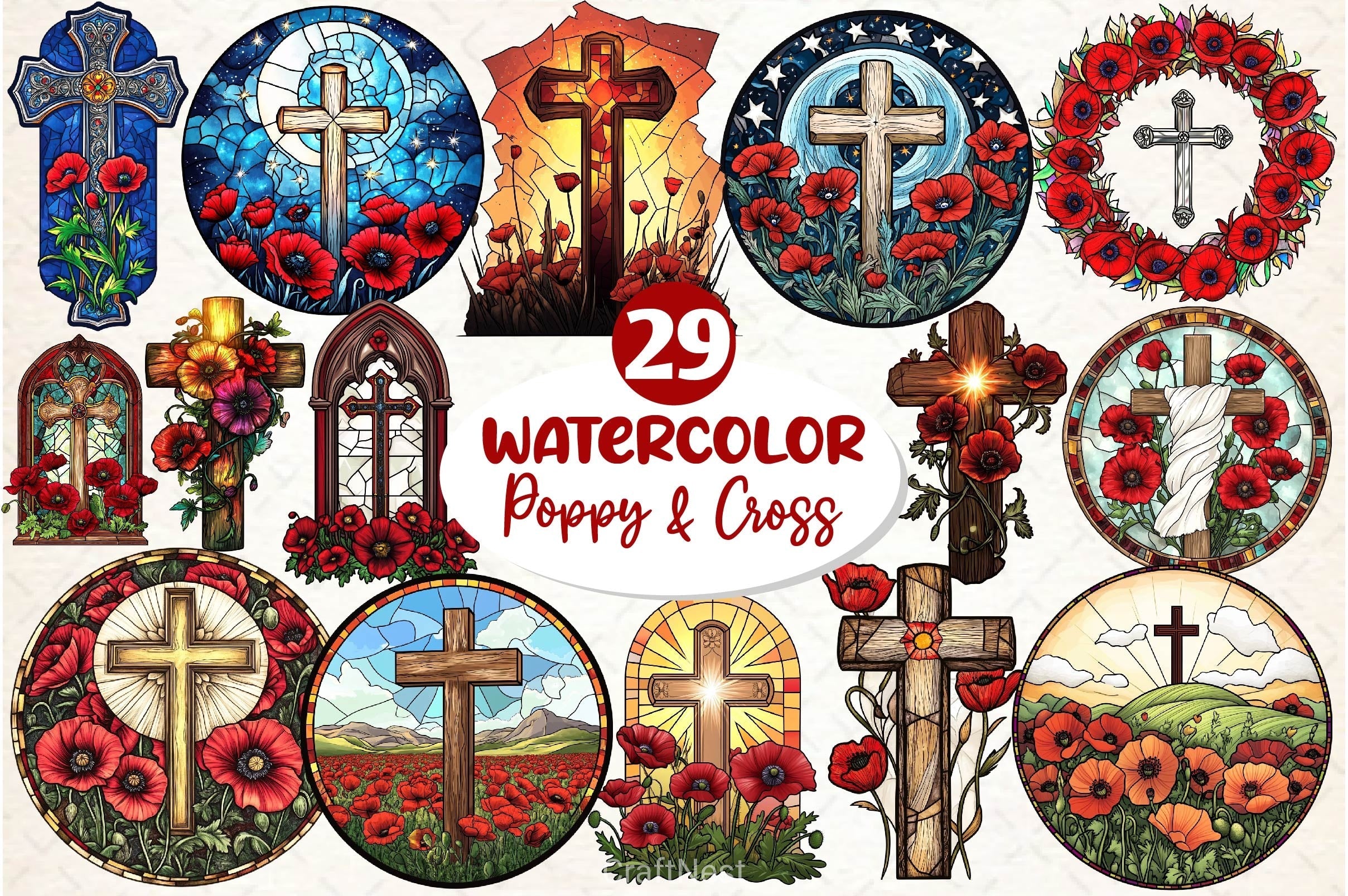 Poppy & Cross Faux Stained Glass Clipart Bundle