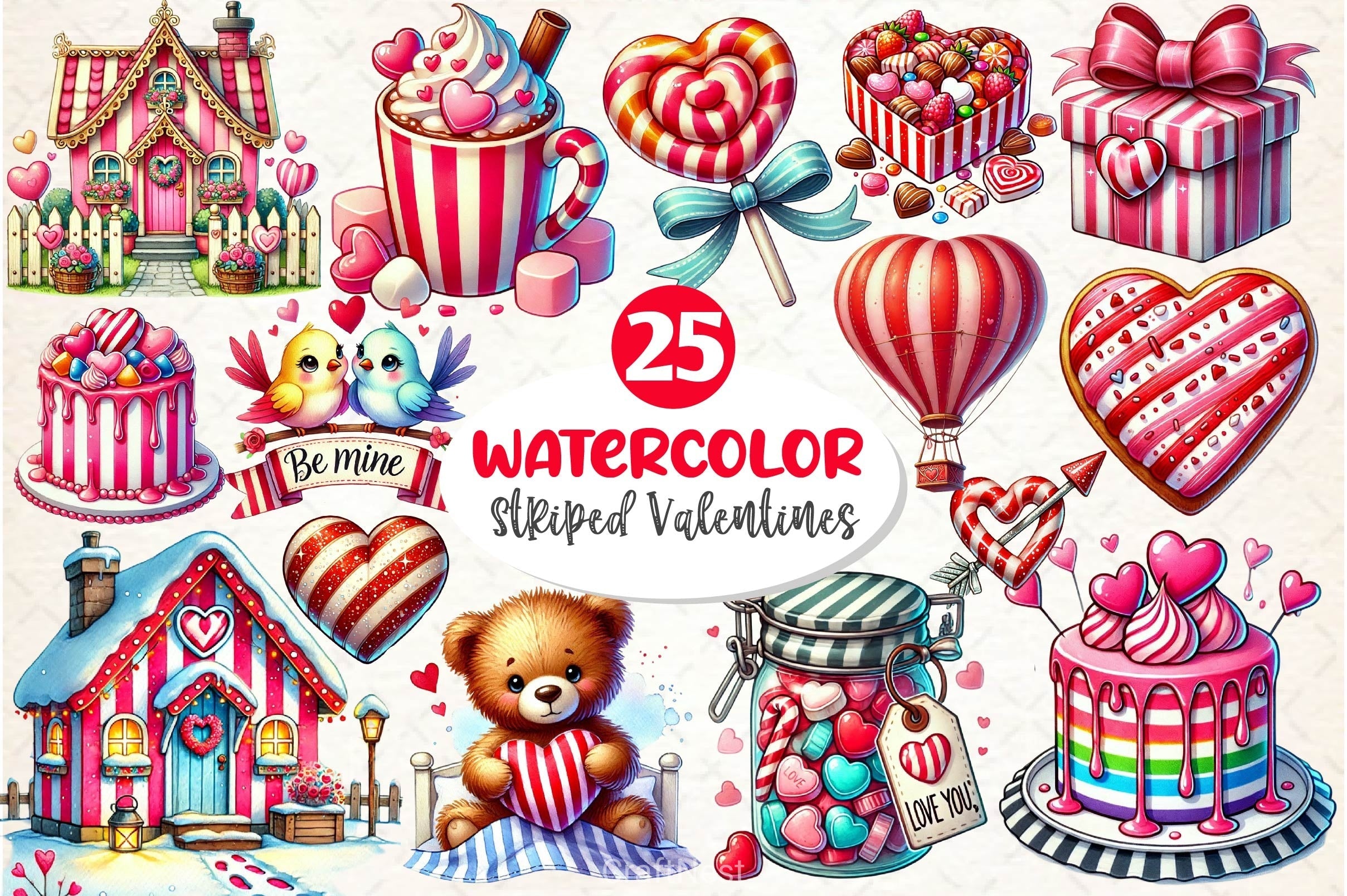 Striped Valentines Cottage Clipart Bundle
