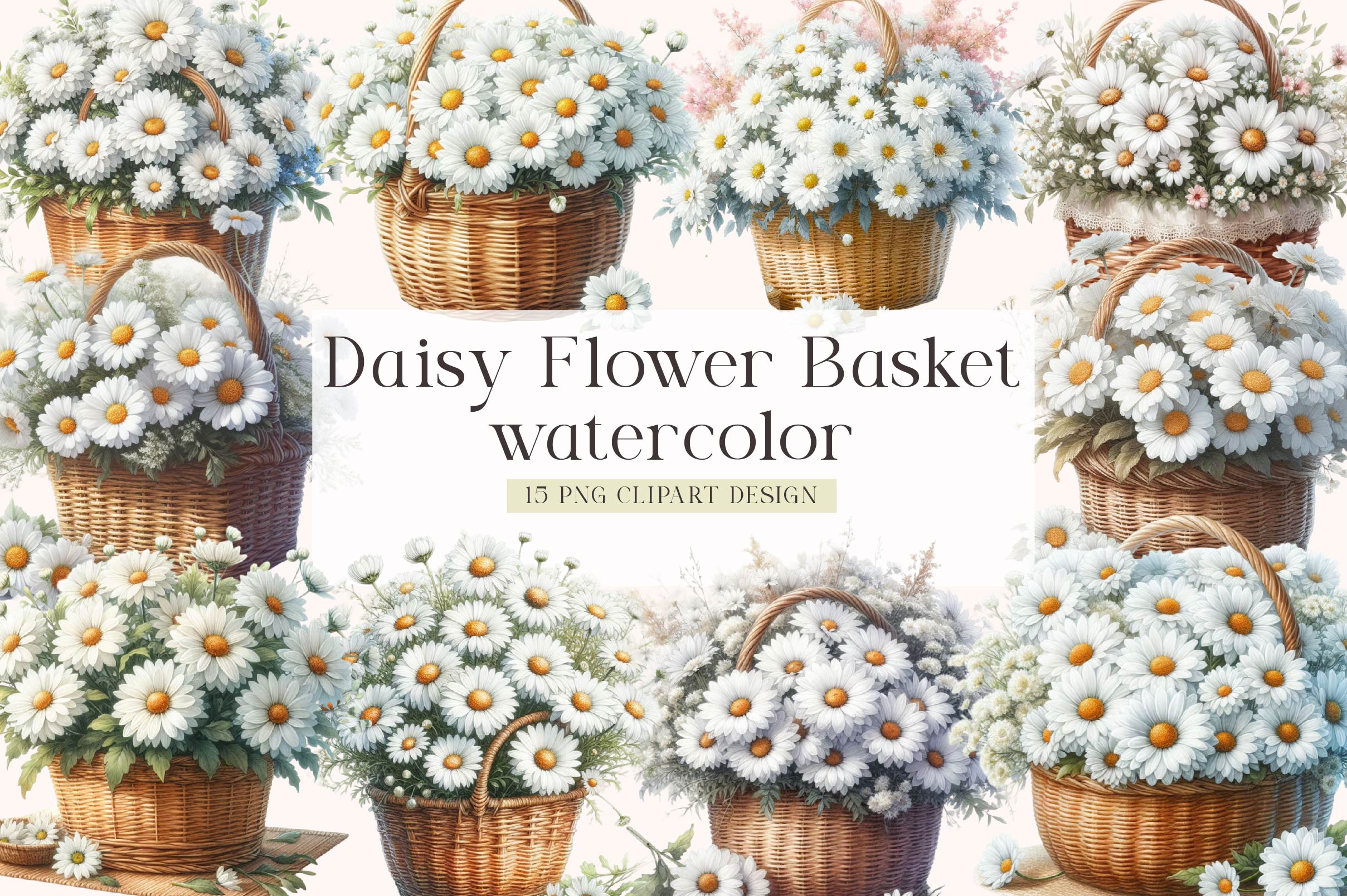 Spring Daisy Basket Clipart Bundle