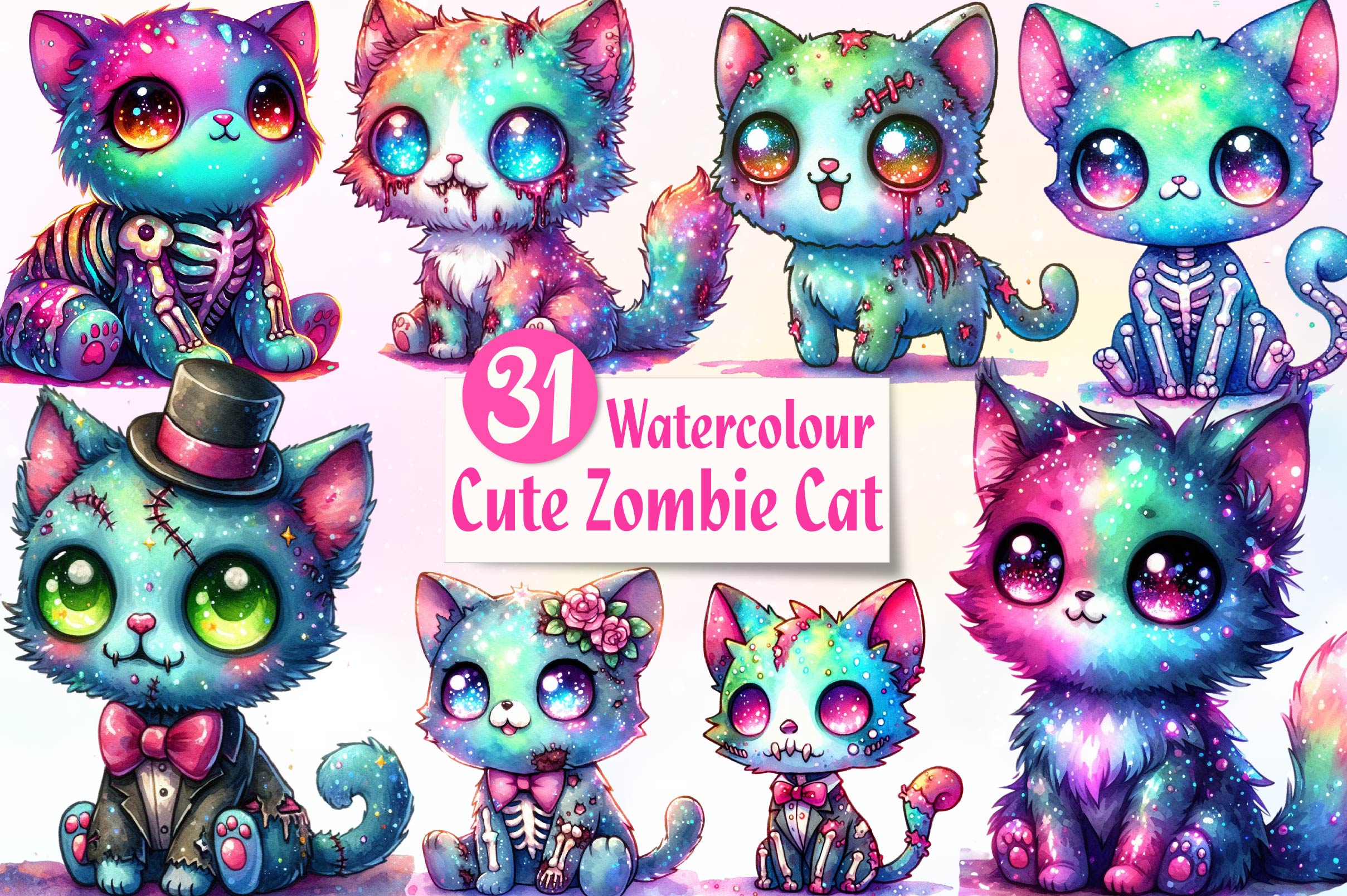 Cute Zombie Cat Clipart Bundle