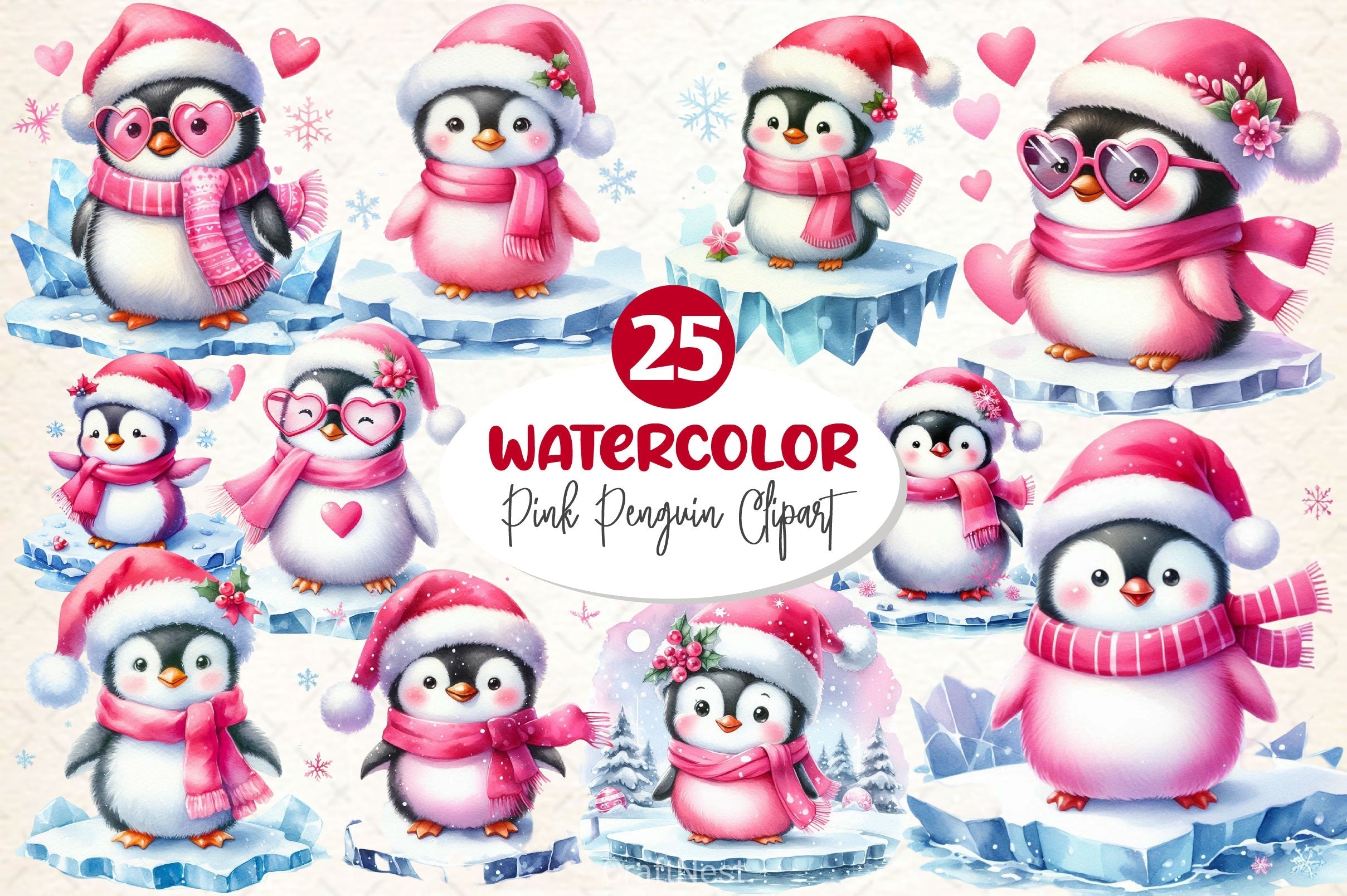 Pink Penguin Christmas Clipart Bundle