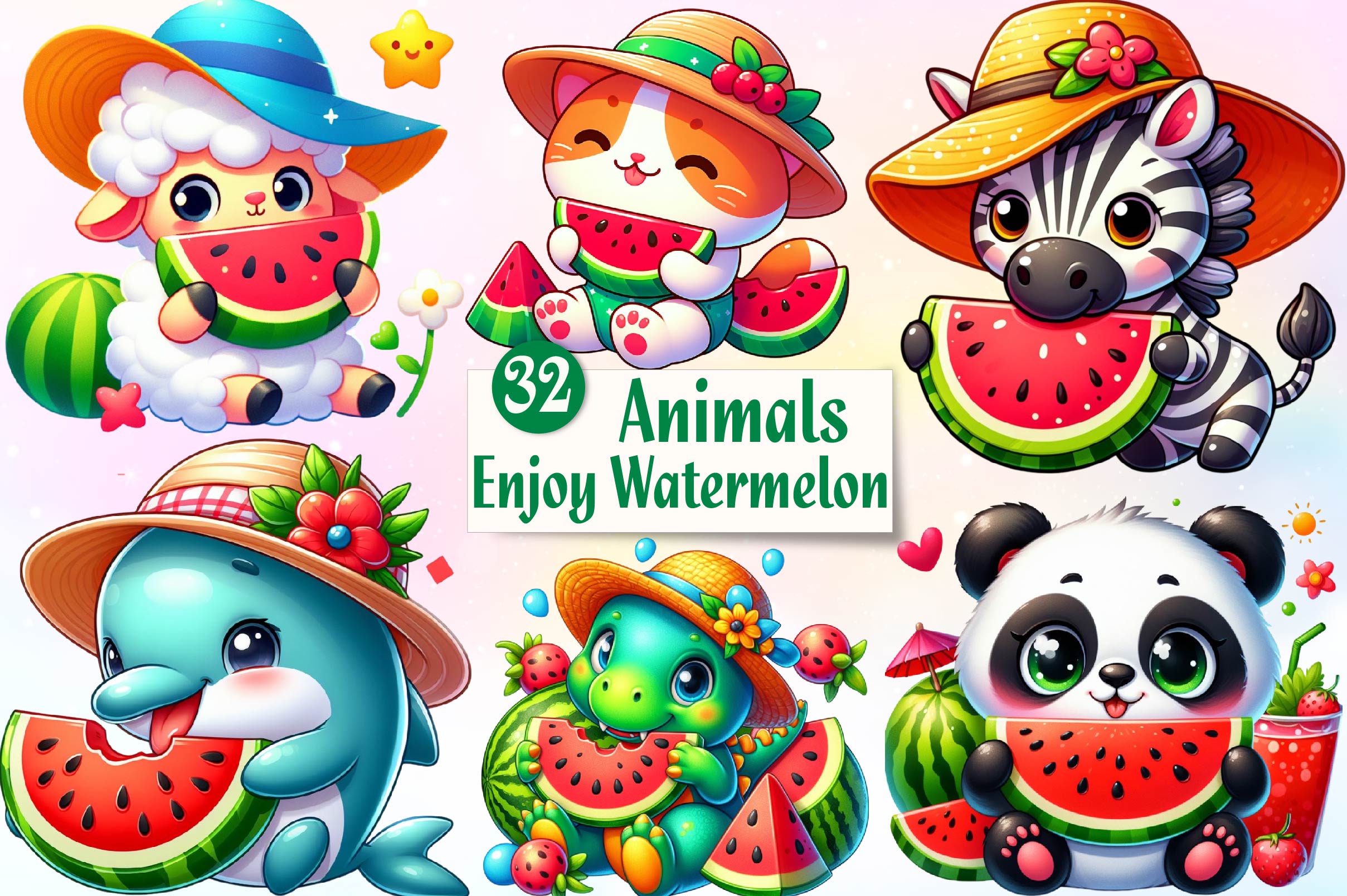 Summer Animals Enjoy Watermelon Clipart Bundle 2