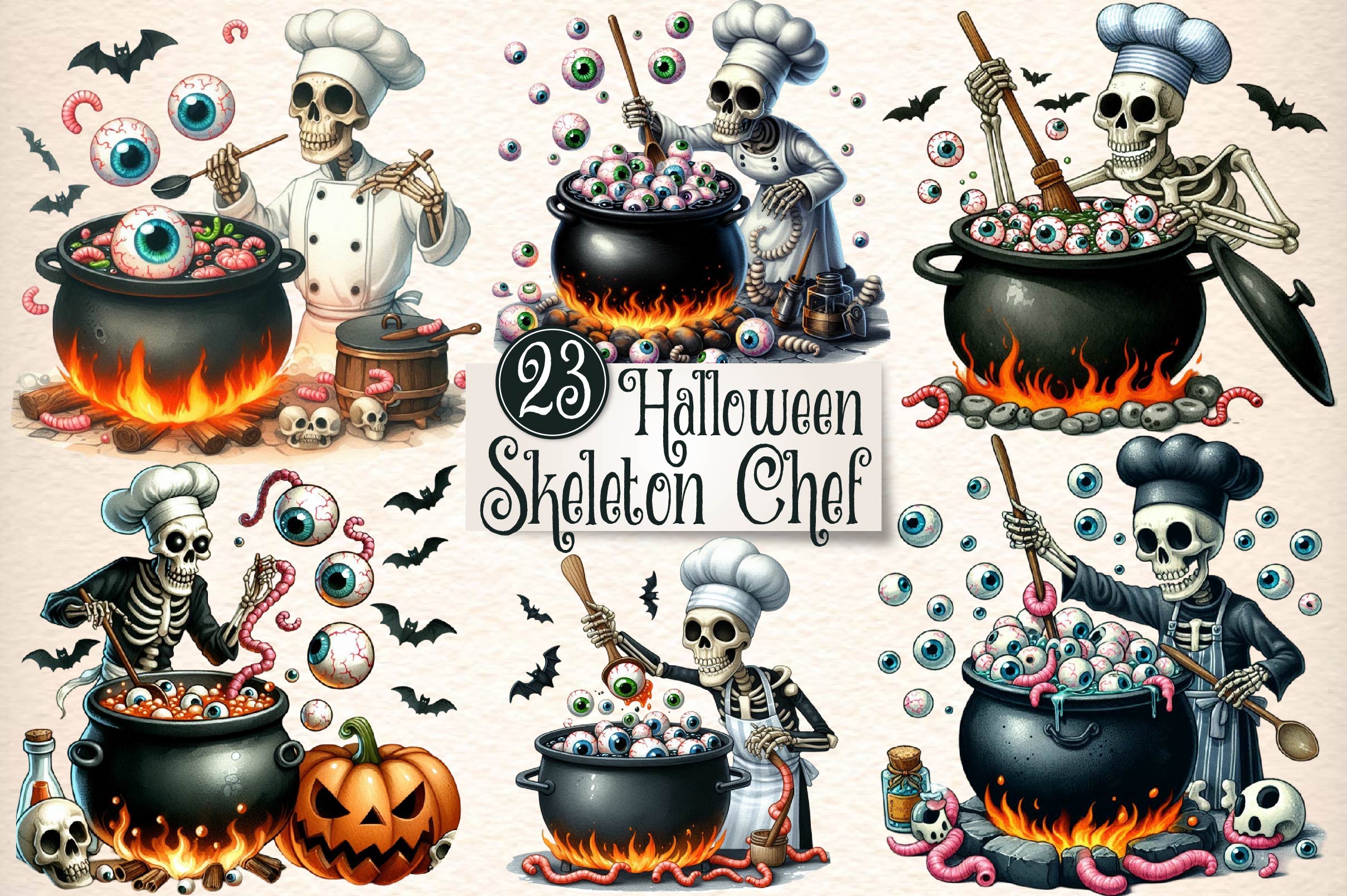Funny Halloween Skeleton Chef Clipart Bundle