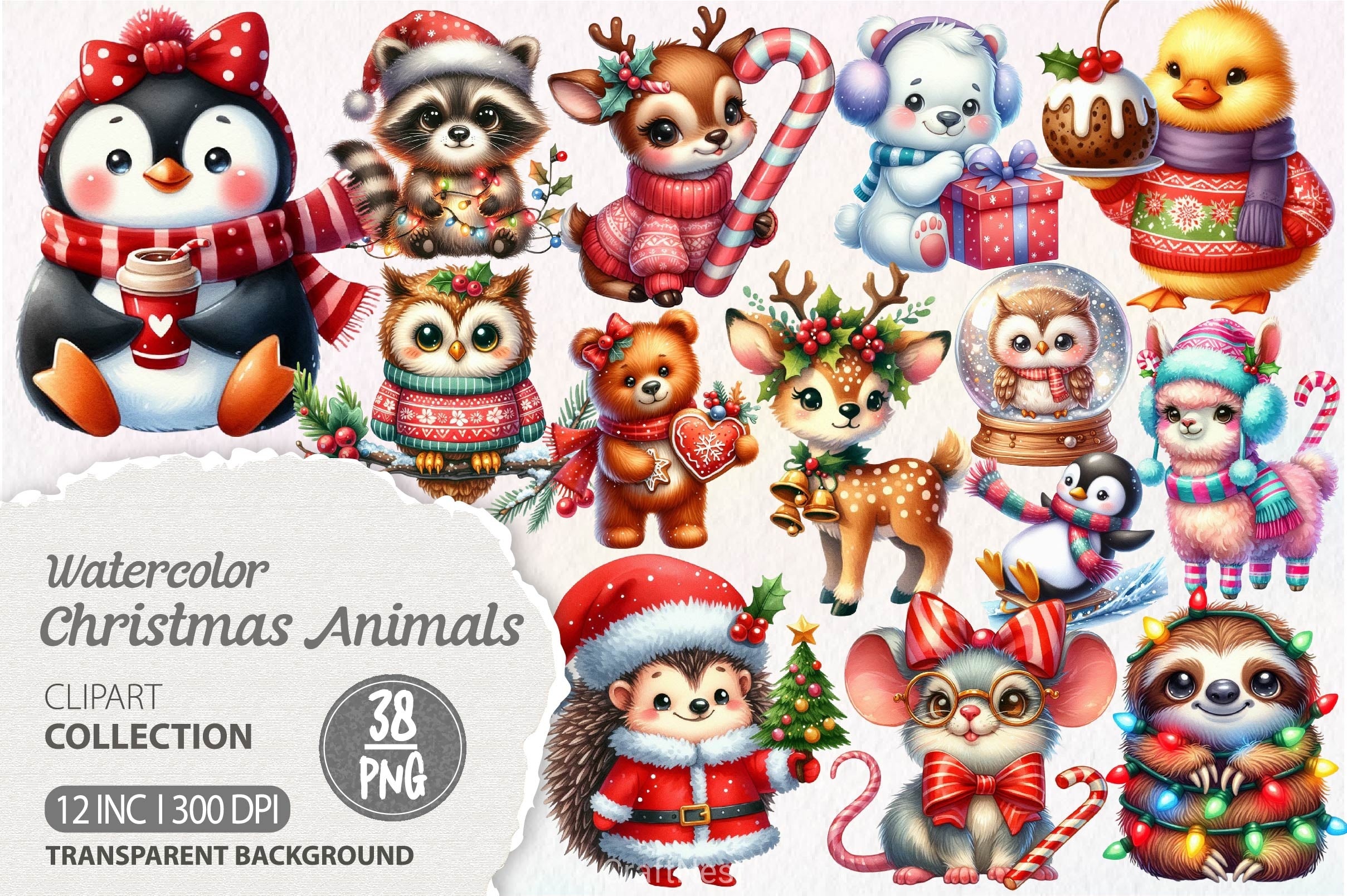 Christmas Cute Animals Clipart Bundle