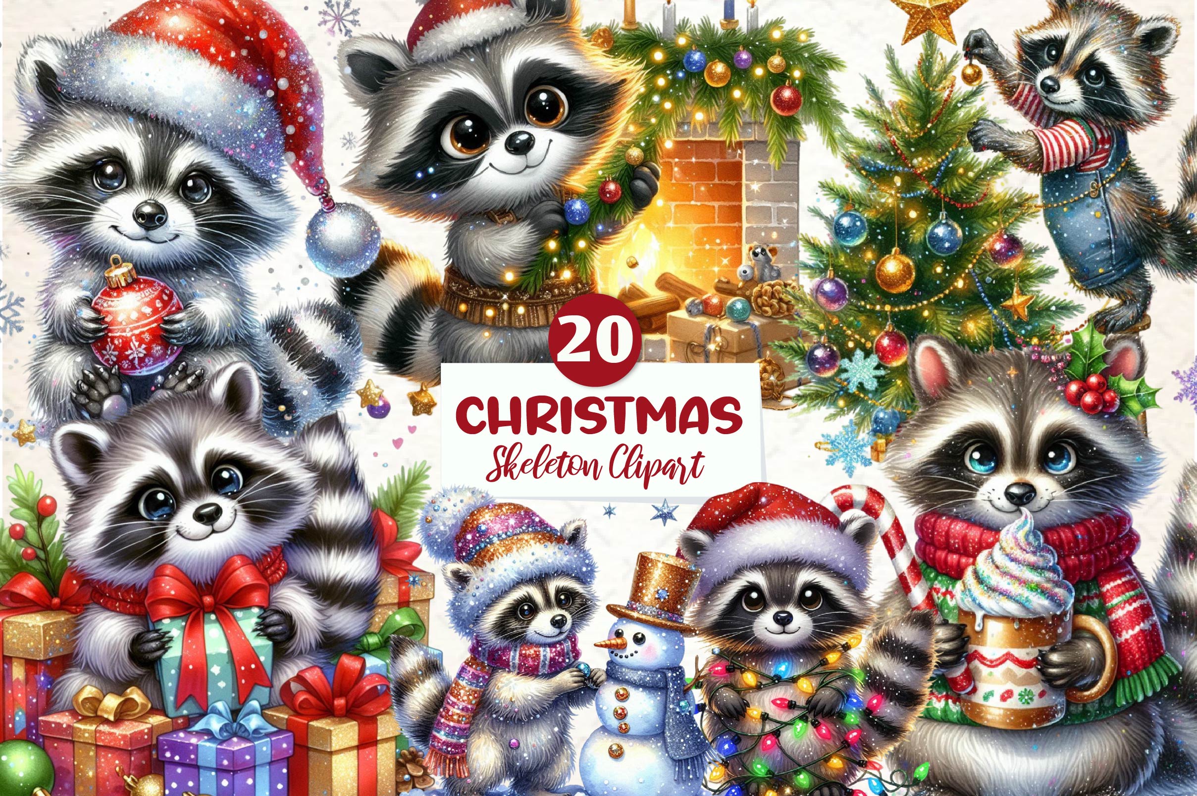 Christmas Raccoon Clipart Bundle