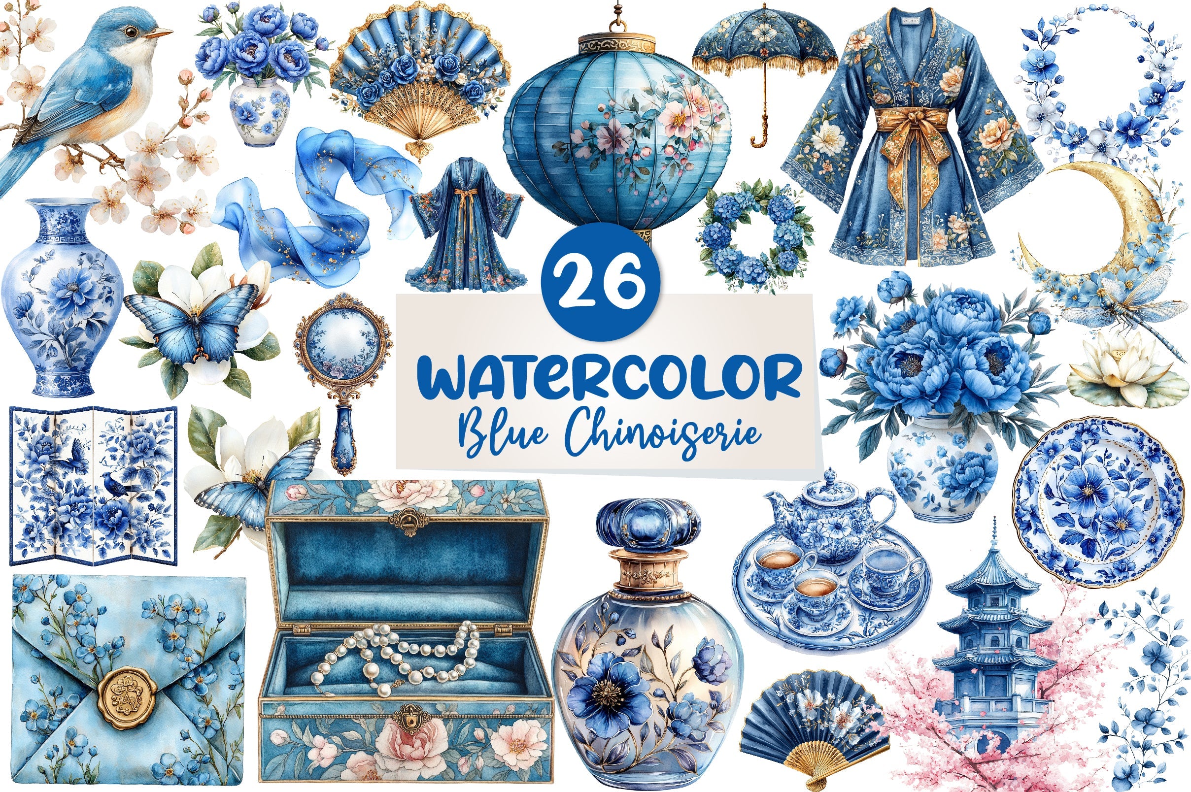 Blue Chinoiserie Summer Clipart Bundle 2