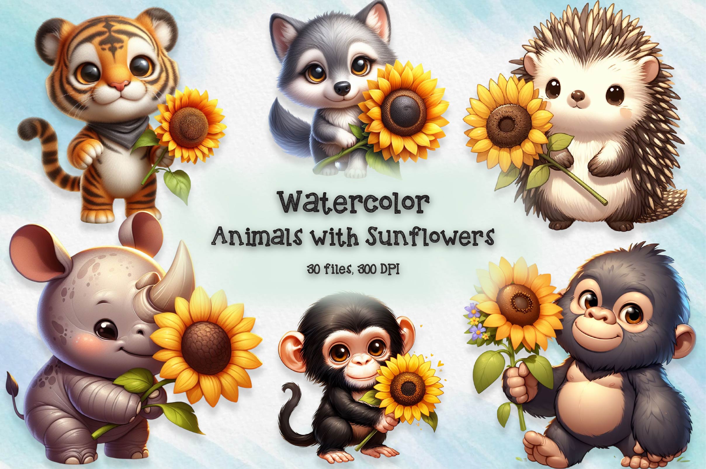 Animals With Sunflowers Clipart Bundle
