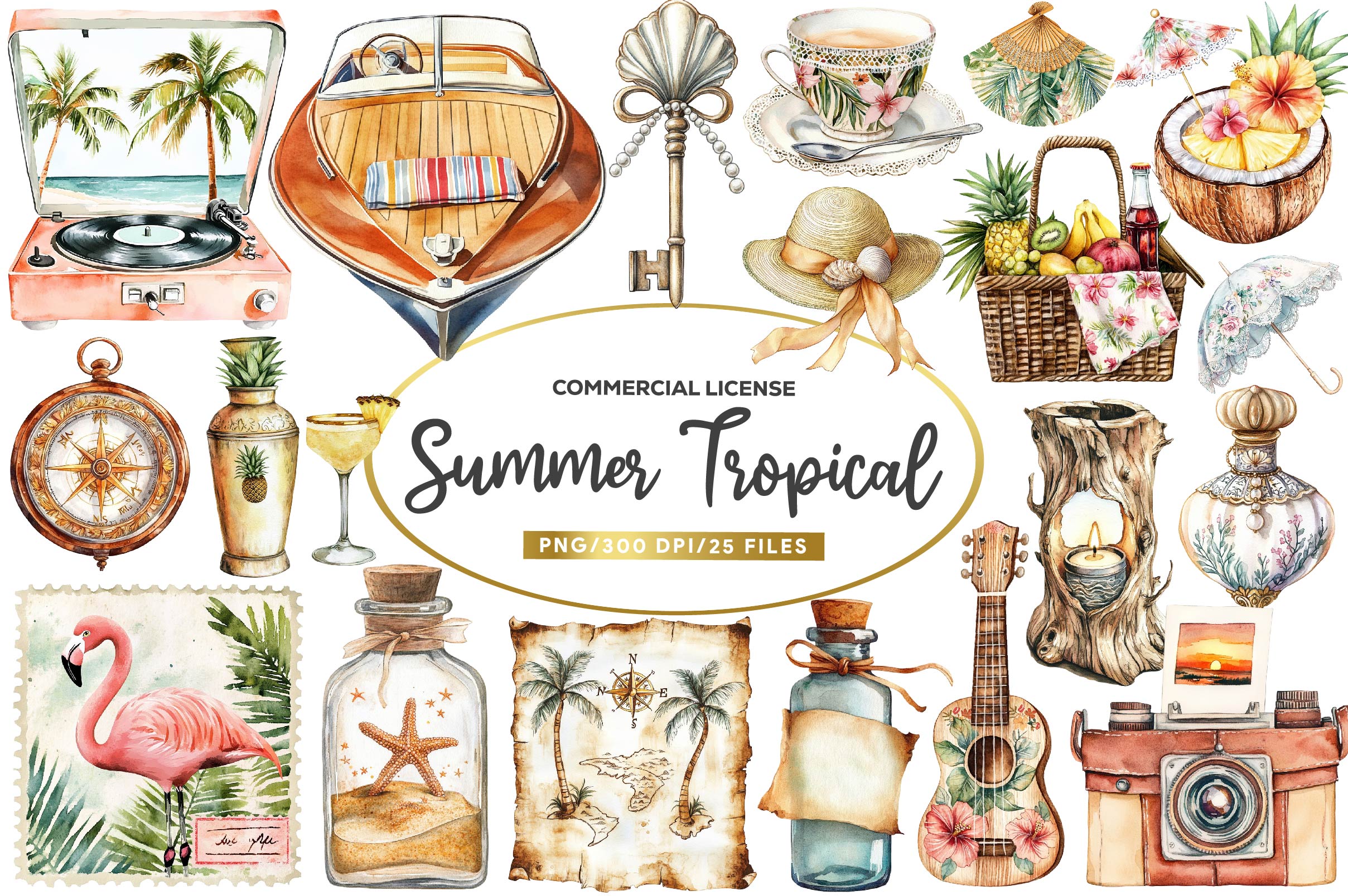 Vintage Summer Tropical Clipart Bundle