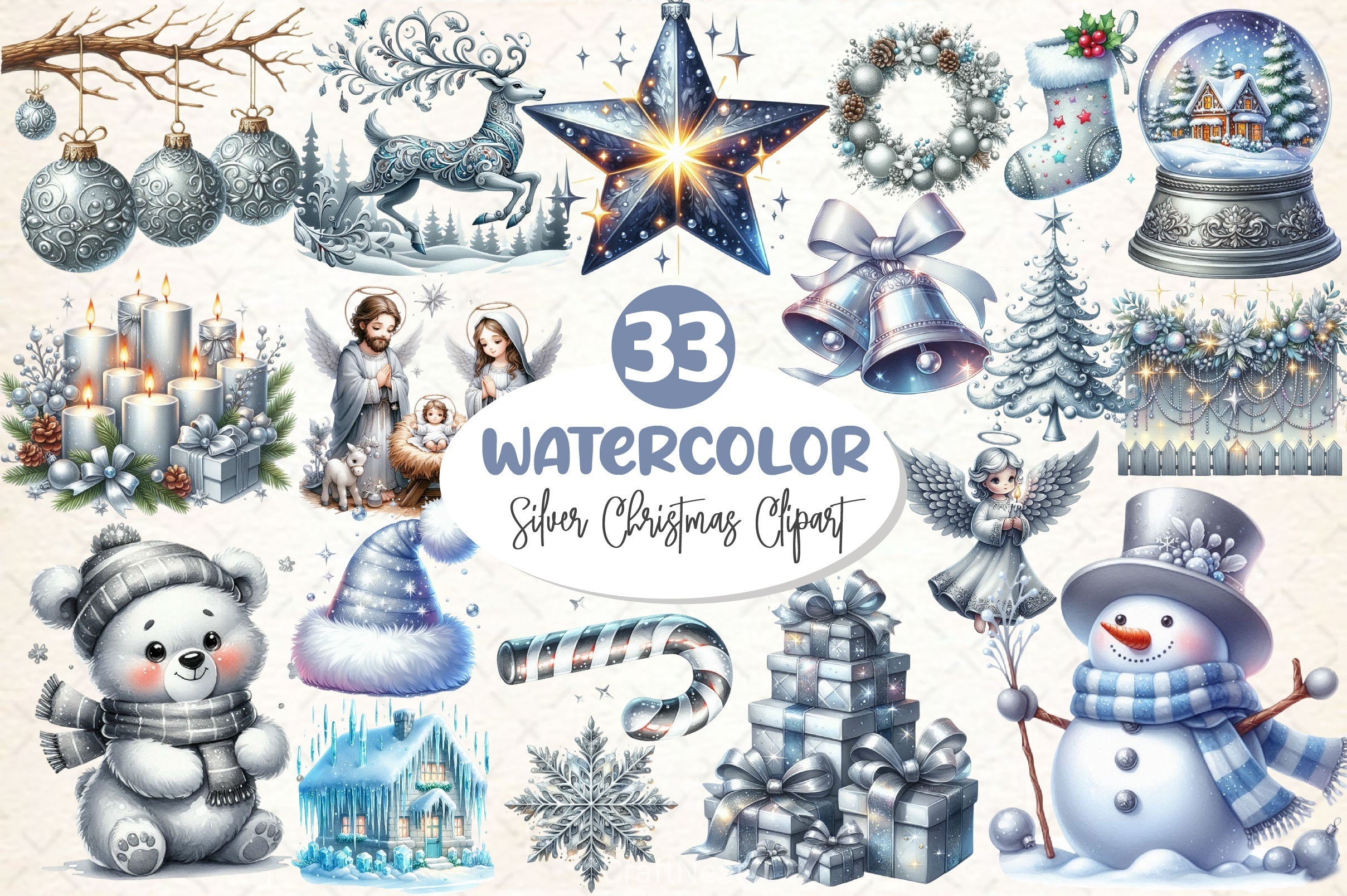 Silver Christmas Clipart Bundle 2