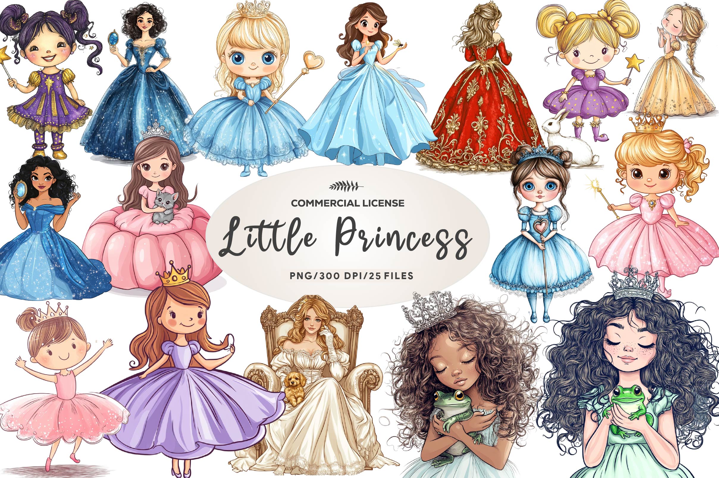 Cute Little Princess Illustration Clipart Bundle