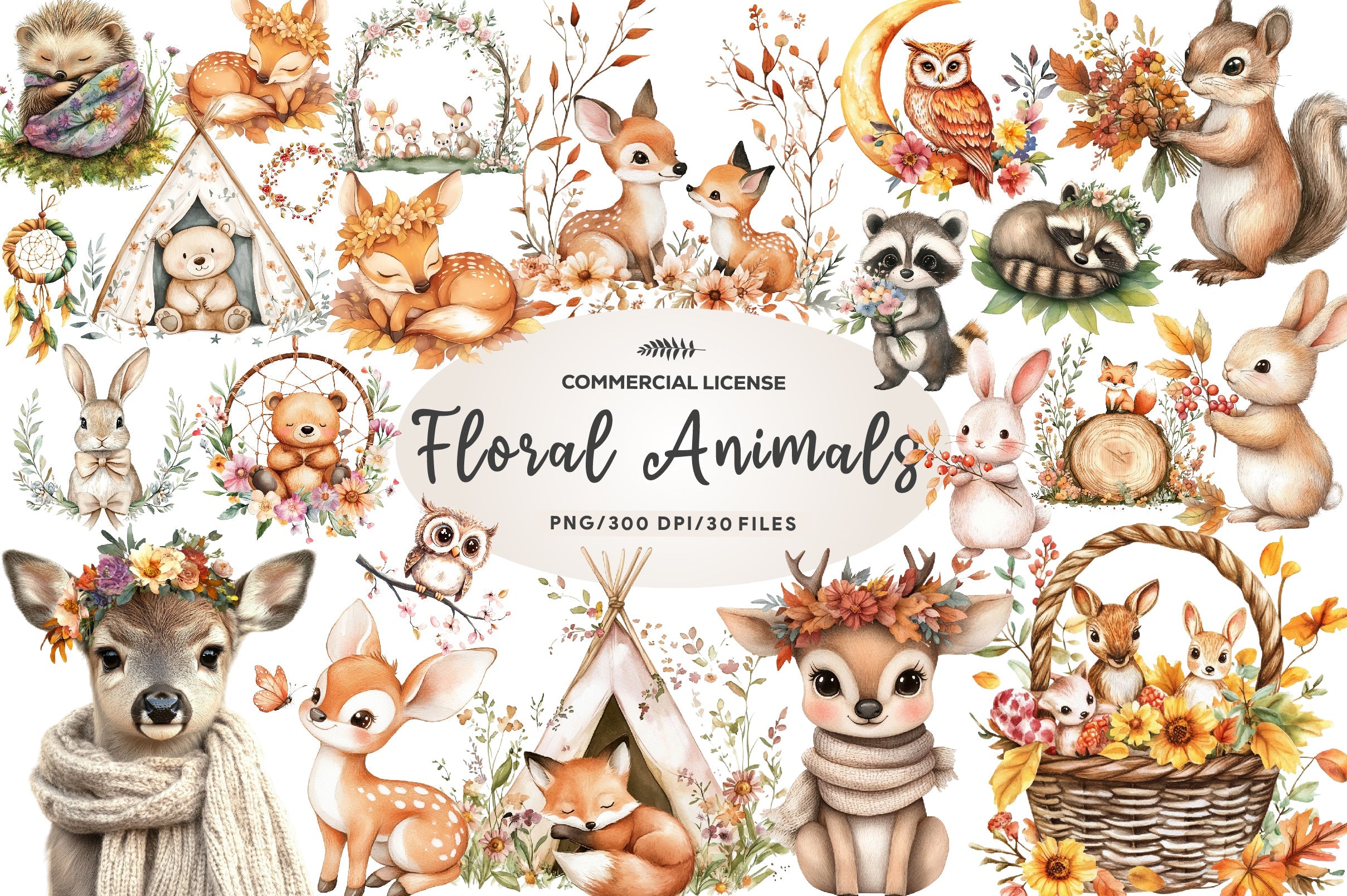 Boho Woodland Baby Floral Animals Clipart Bundle
