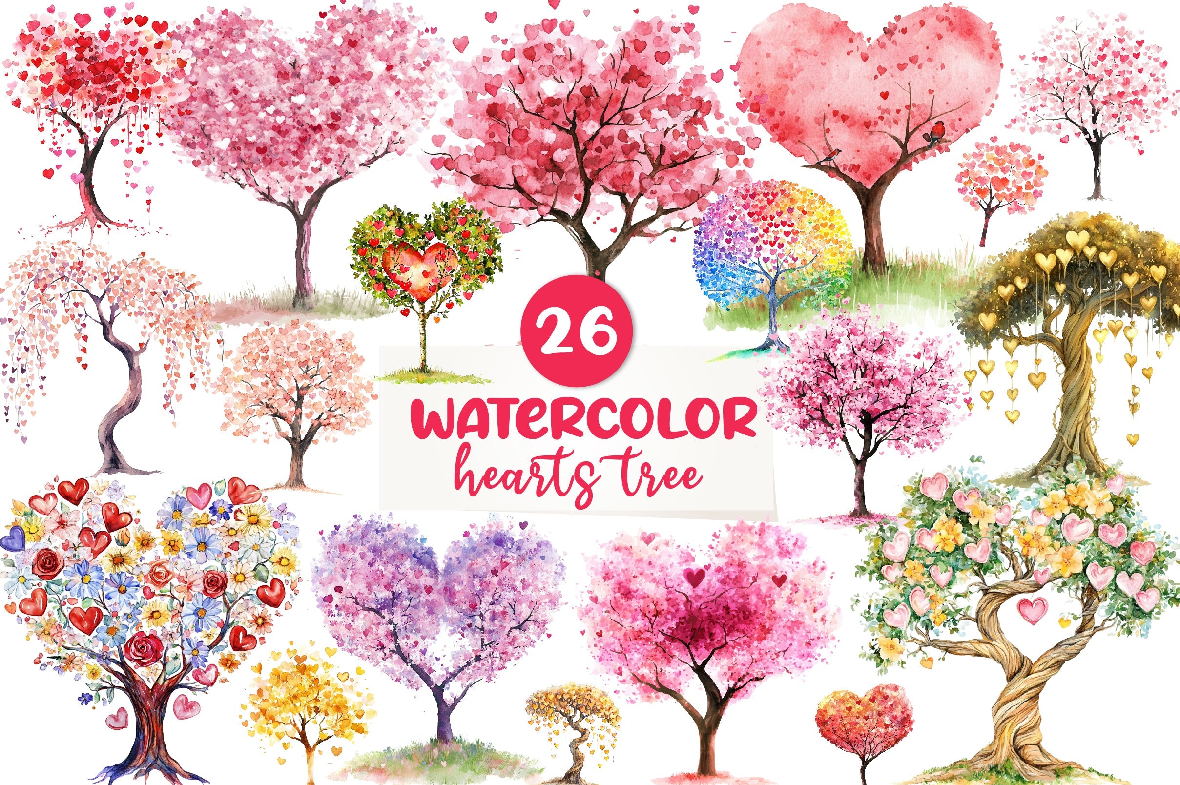 Spring Hearts Tree Clipart Bundle