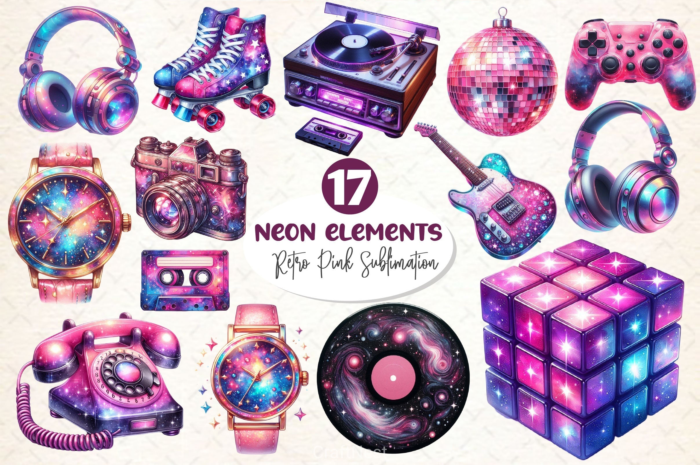 Neon Retro Pink Elements Clipart Bundle 2