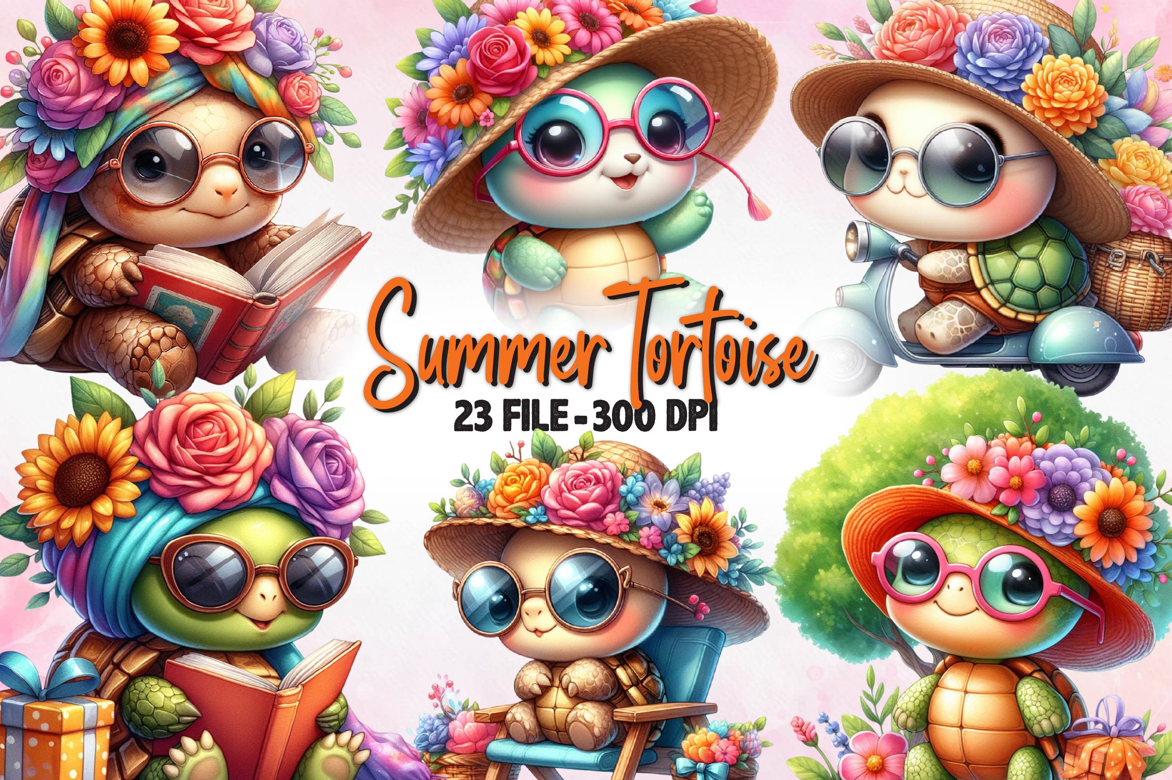 Cute Summer Tortoise Clipart Bundle