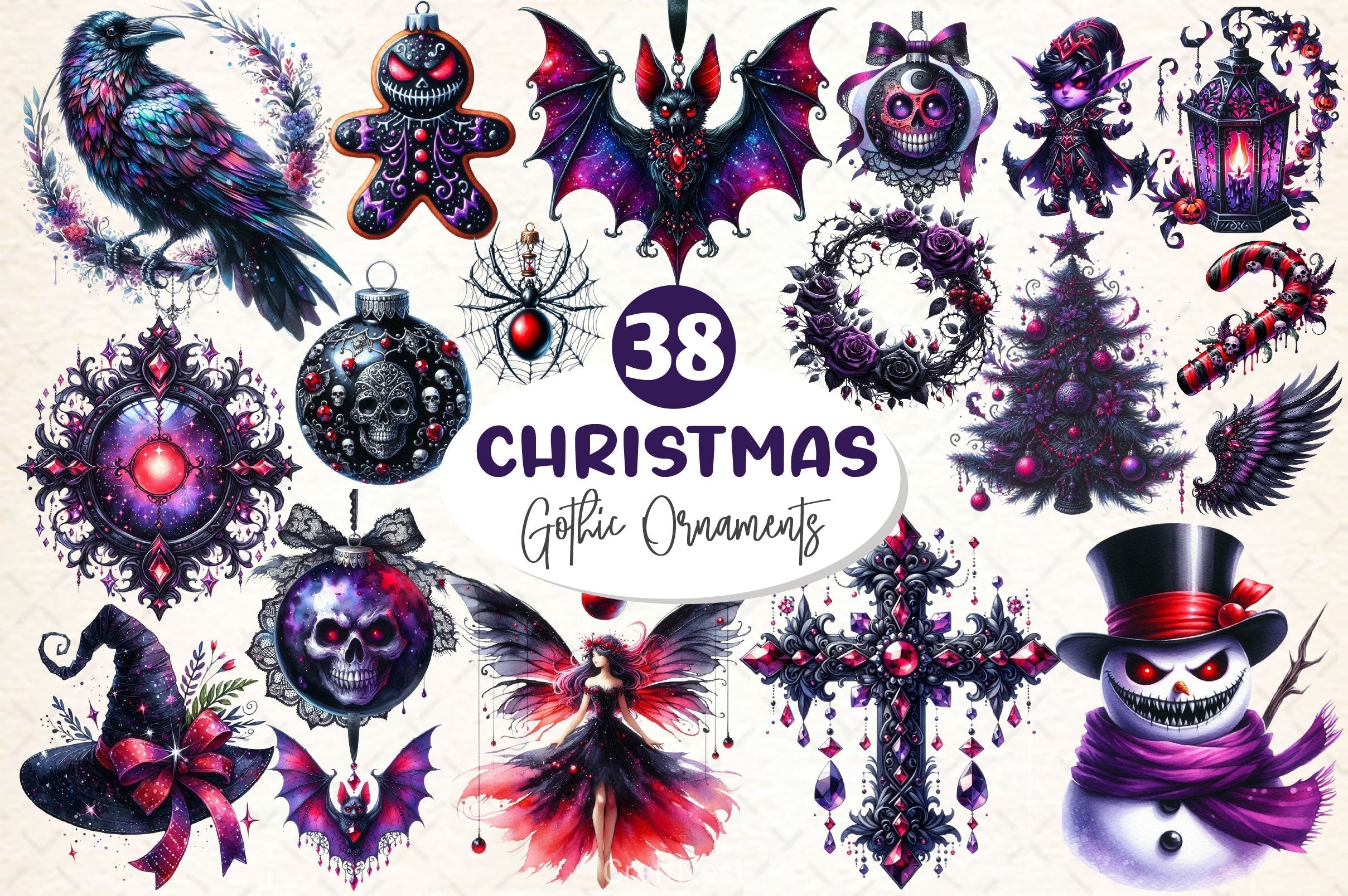 Gothic Christmas Ornaments Clipart Bundle