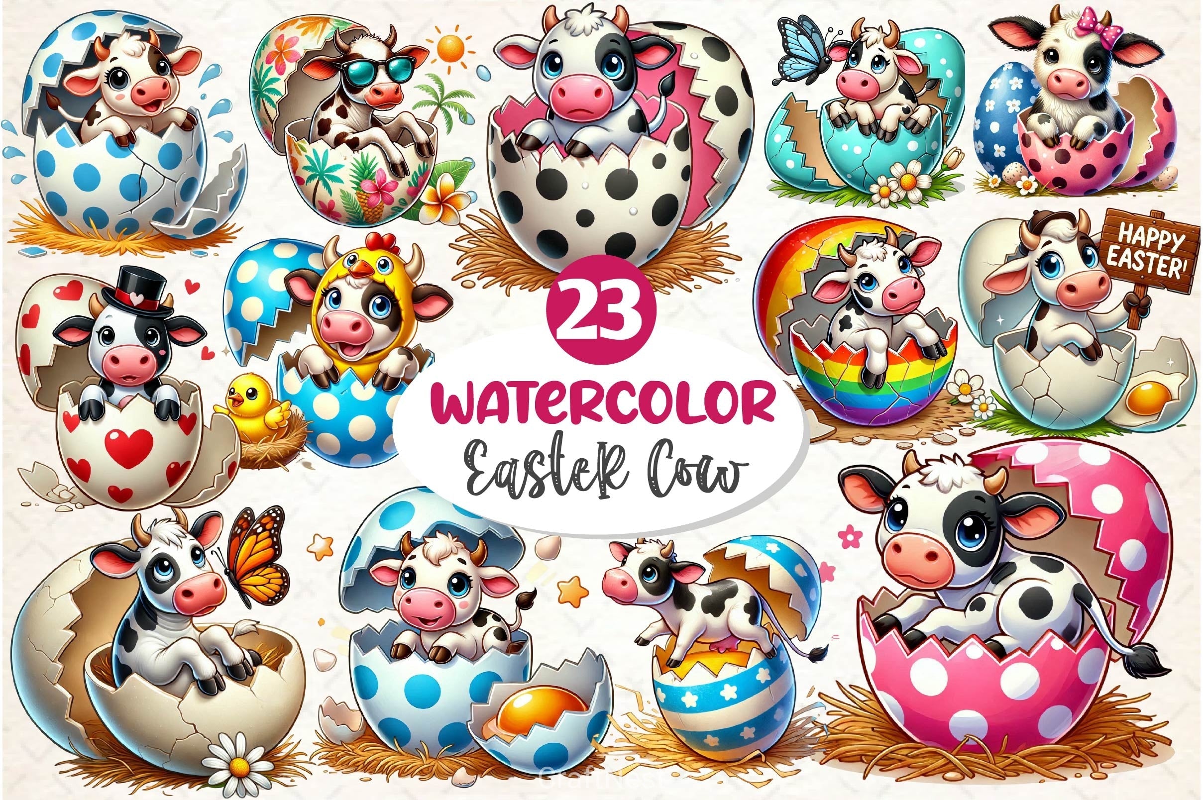 Easter Cow On Cracked Egg Clipart Bundle 2