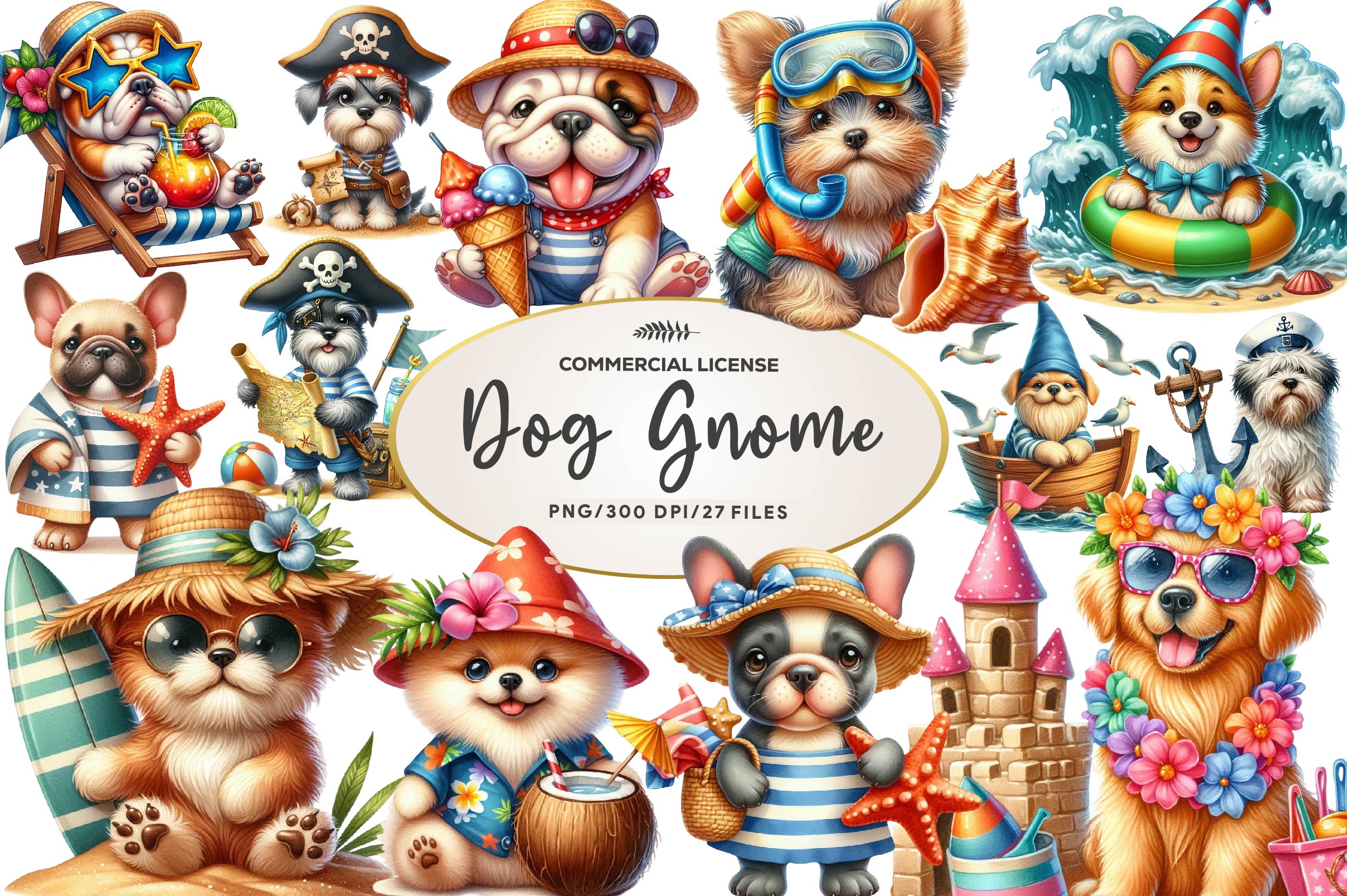 Beach Dog Gnome Collection Clipart Bundle