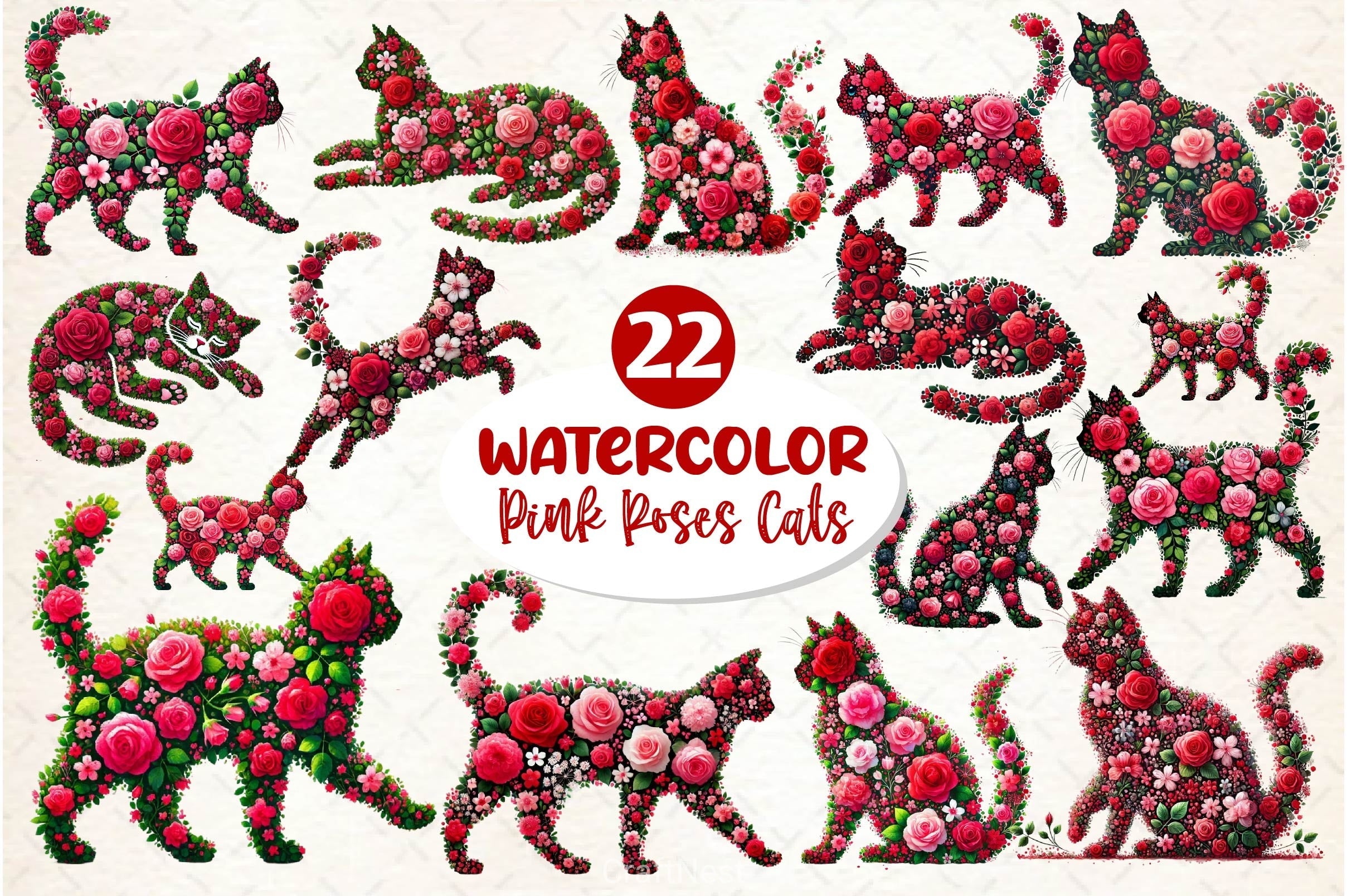 Valentine Pink Roses Cats Clipart Bundle 2
