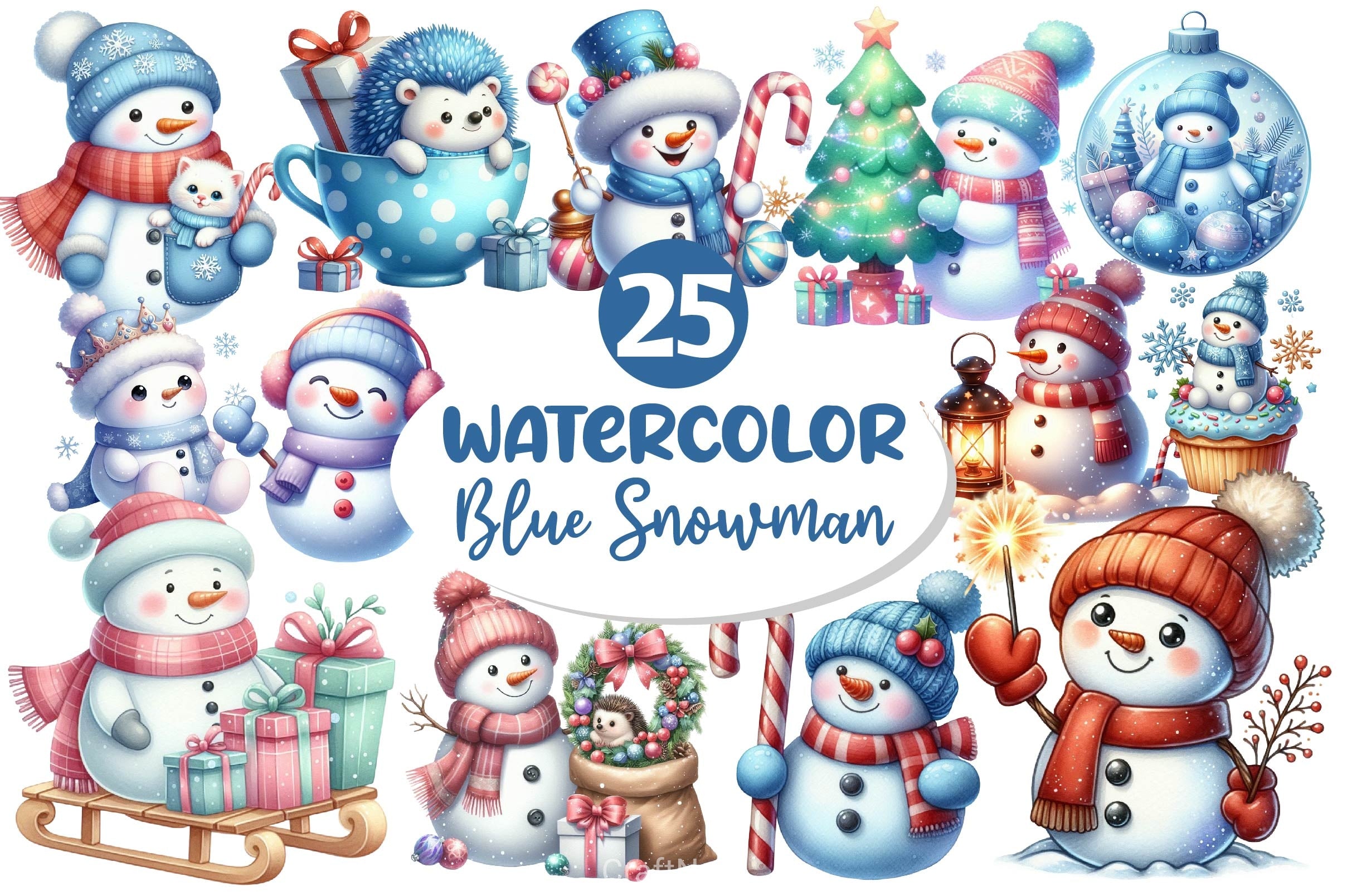 Christmas Pastel Blue Snowman Clipart Bundle