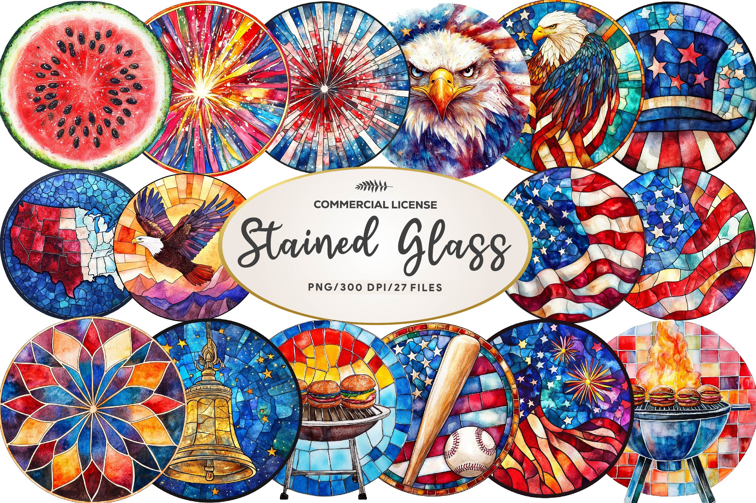 Round Stained Glass 4th Of July Clipart Bundle
