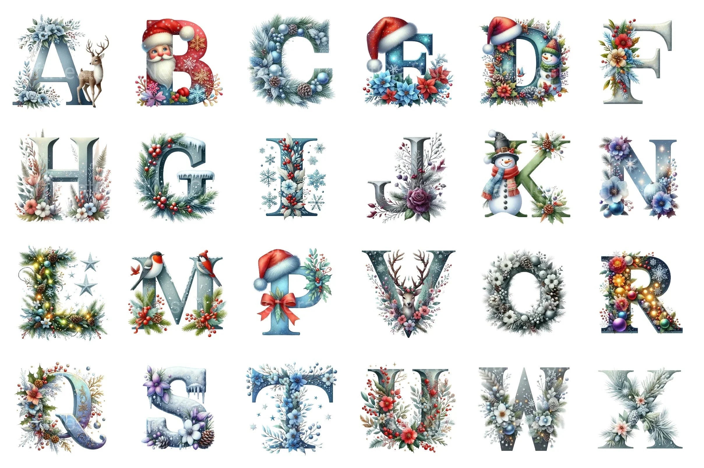 Christmas Alphabet Numbers Reindeer Santa Snowman Clipart Bundle - CraftNest - Digital Crafting and Art